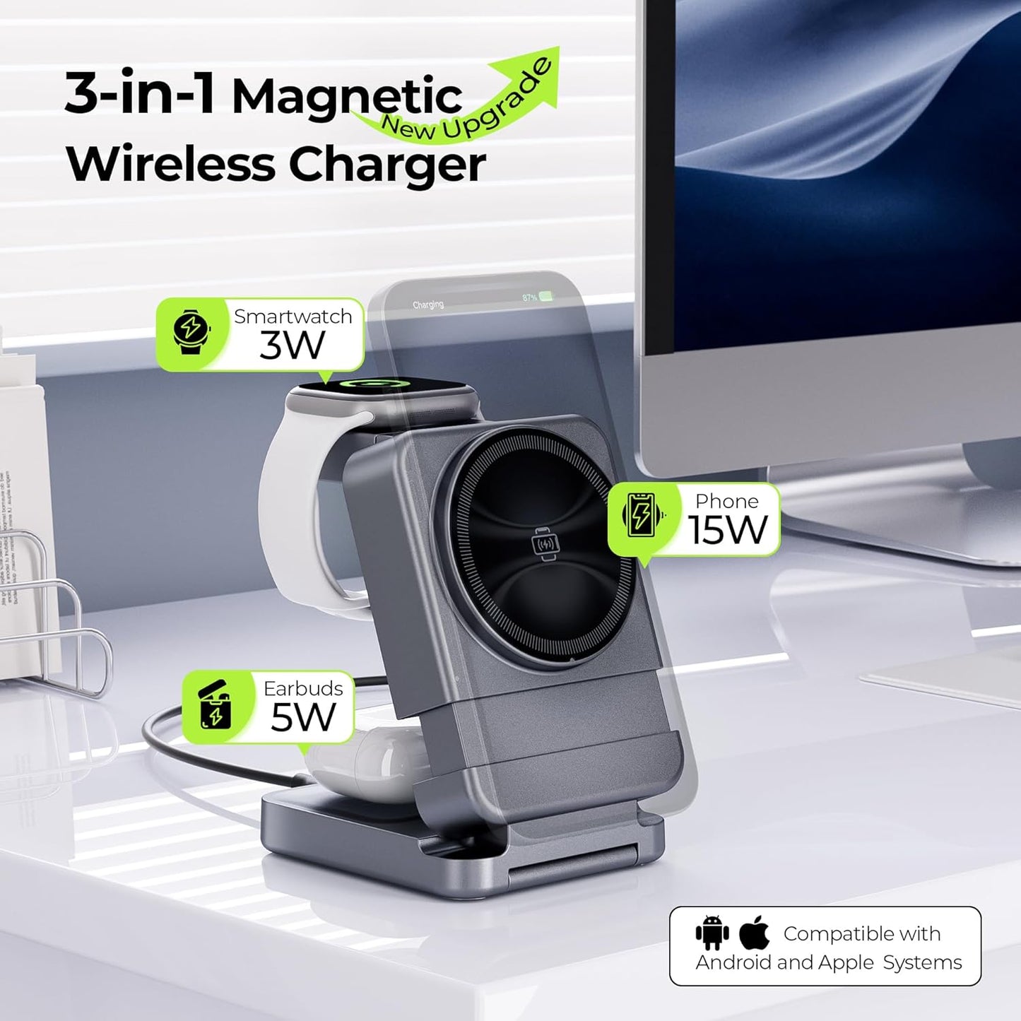 【2025 Upgraded】 Wireless Charger 3 in 1, Foldable Wireless Charging Station, Travel Magnetic Charger Stand, Nightstand 15W Charging Station for iPhone 16 Samsung S25 Samsung Watch TWS Earphone