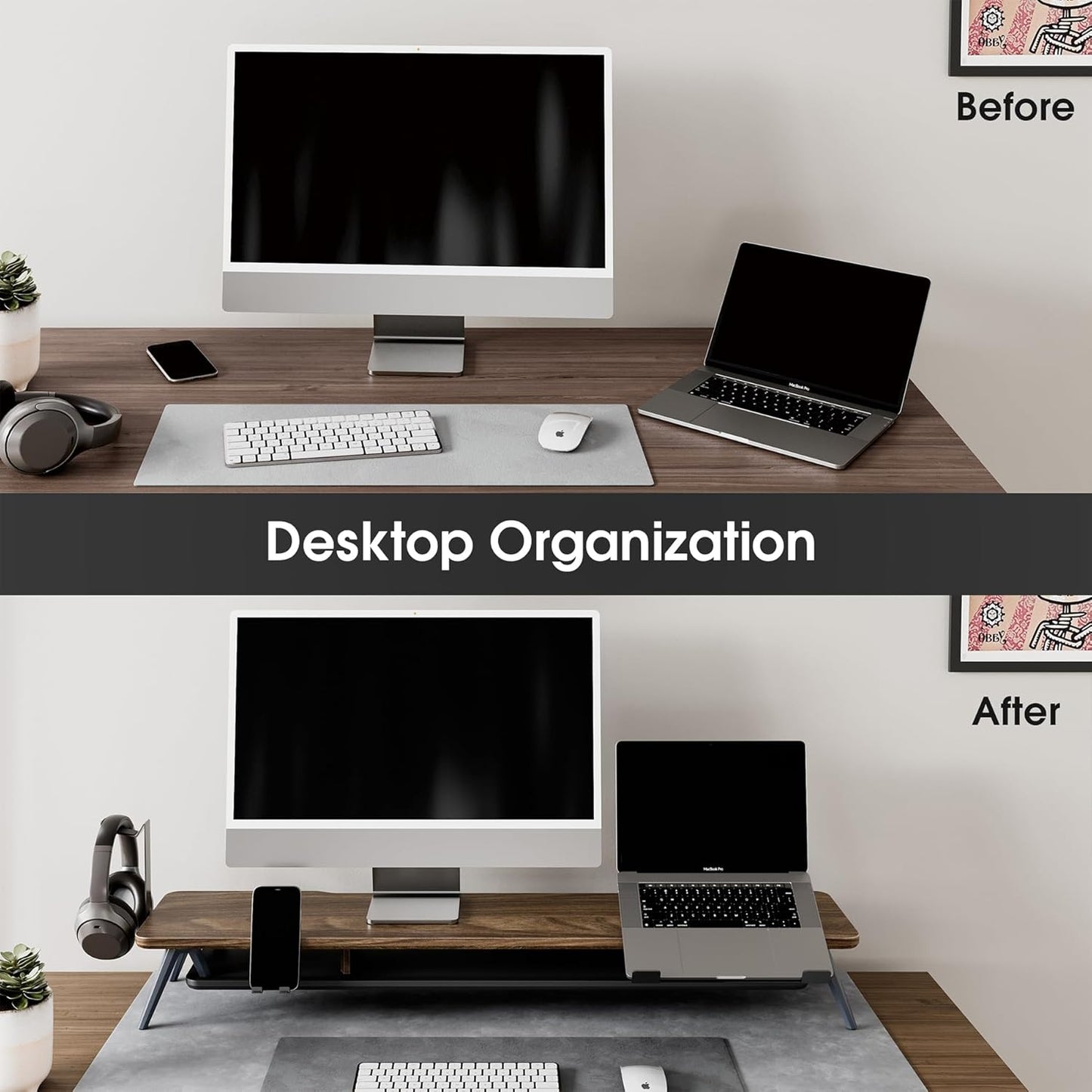 Fenge Dual Monitor Stand, Monitor Riser for 2 Monitors with Adjustable Laptop Riser , 42.5 Inch Desk Shelf for Top of Desk with Phone Holder& Headphone Stand