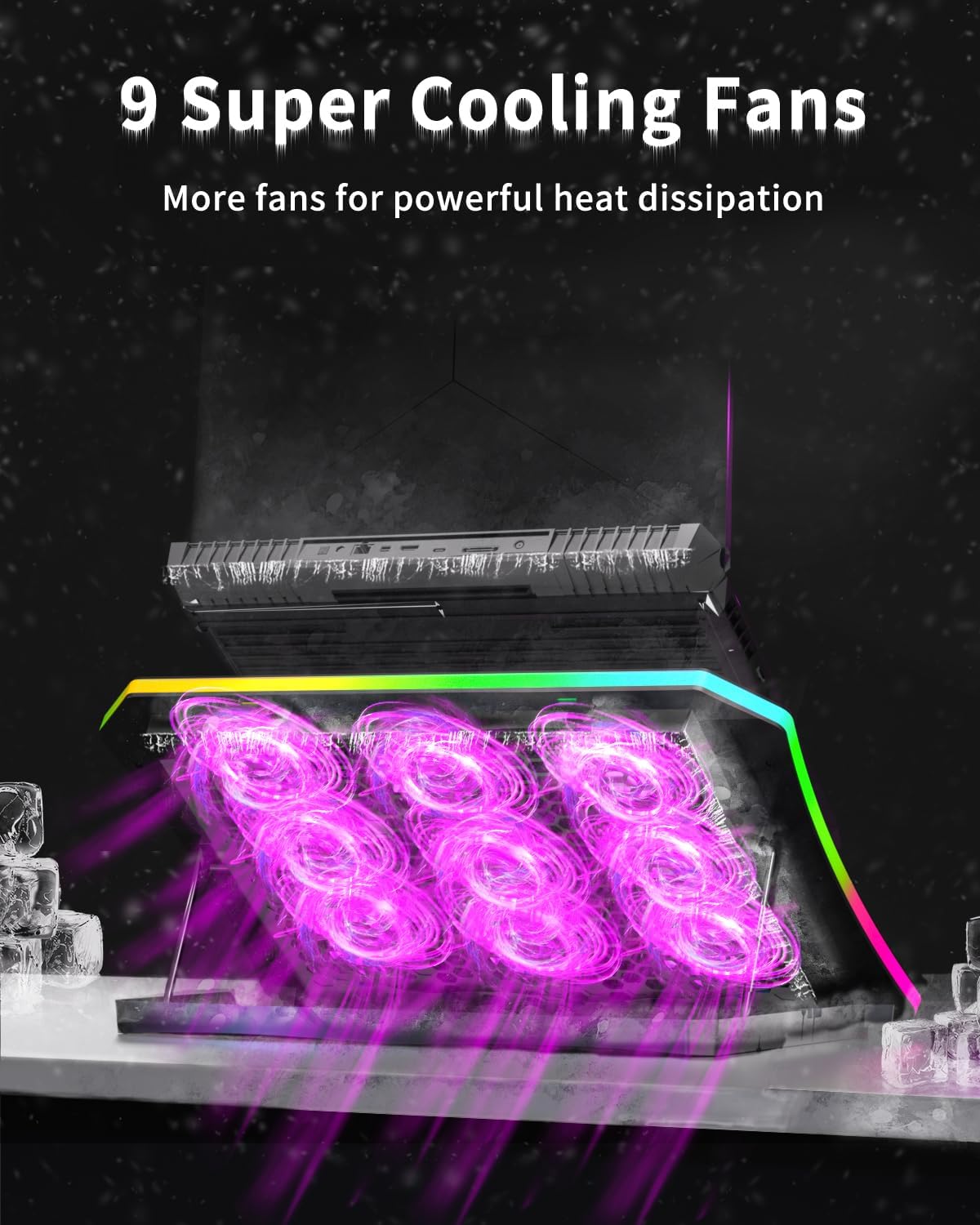 KeiBn Laptop Cooling Pad, Gaming Laptop Fan Cooling Pad with 9 Quiet Fans, RGB Laptop Cooler for 15.6-17.3 Inch, Cooling Pad for Laptop with 7 Height Stands, 2 USB Ports, Phone Stand-Purple