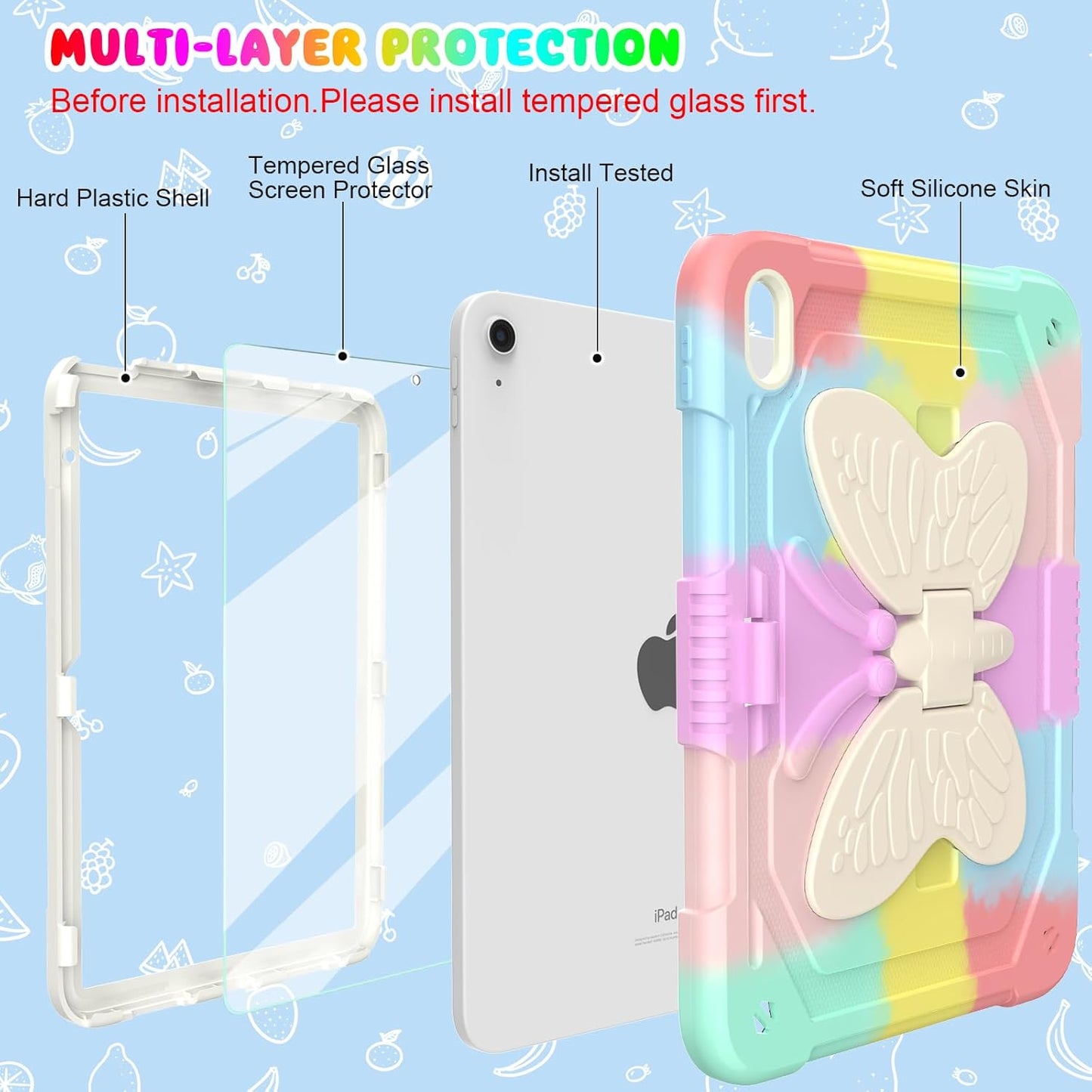BLOSOMEET Cute Pink iPad A16 11th/10th Generation Case for Kids Girls 2025/2022 11/10.9 Inch with Tempered Glass Screen Protector & Stand, Kawaii Butterfly Cover with Pencil Holder Shoulder Strap