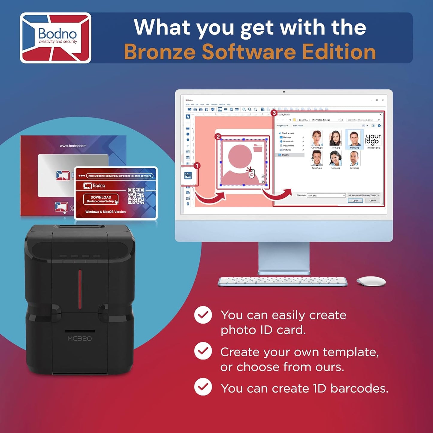 Bodno Matica MC320 Direct-to-Card Dual Sided ID Card Printer & Complete Supplies Package Bronze Edition ID Software