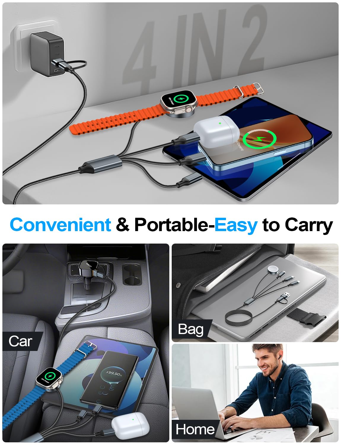 4-in-2 Charging Cable for Apple Watch Charger/Samsung/iPhone Charger,Car/Travel Essentials,Type C Cable Multi Cord for iWatch Ultra/10-2/iPhone 16-11/Samsung S25-S20,PlayStation 4,iPad,airPods-Black