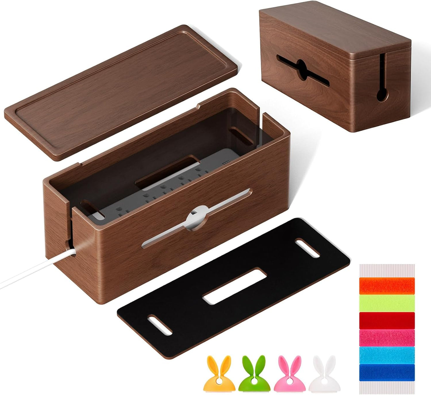 Extra Large Cable Management Box – Brown Double Layer Wooden Cord Organizer with Divider for Desk, TV Stand, Kitchen, and Office （NO Power Strips or Chargers）