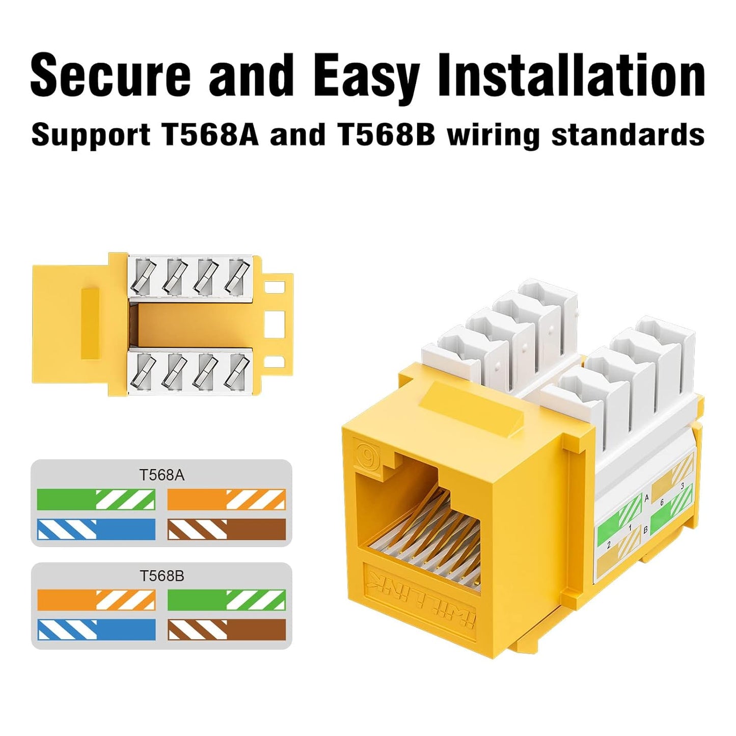 iwillink 10Gbps Cat6 Keystone Jack and Punch-Down Stand, 50-Pack, RJ45 Ethernet Keystone Jacks, 90-Degree UTP Modular Punch Down Keystone Jack Adapter, Yellow