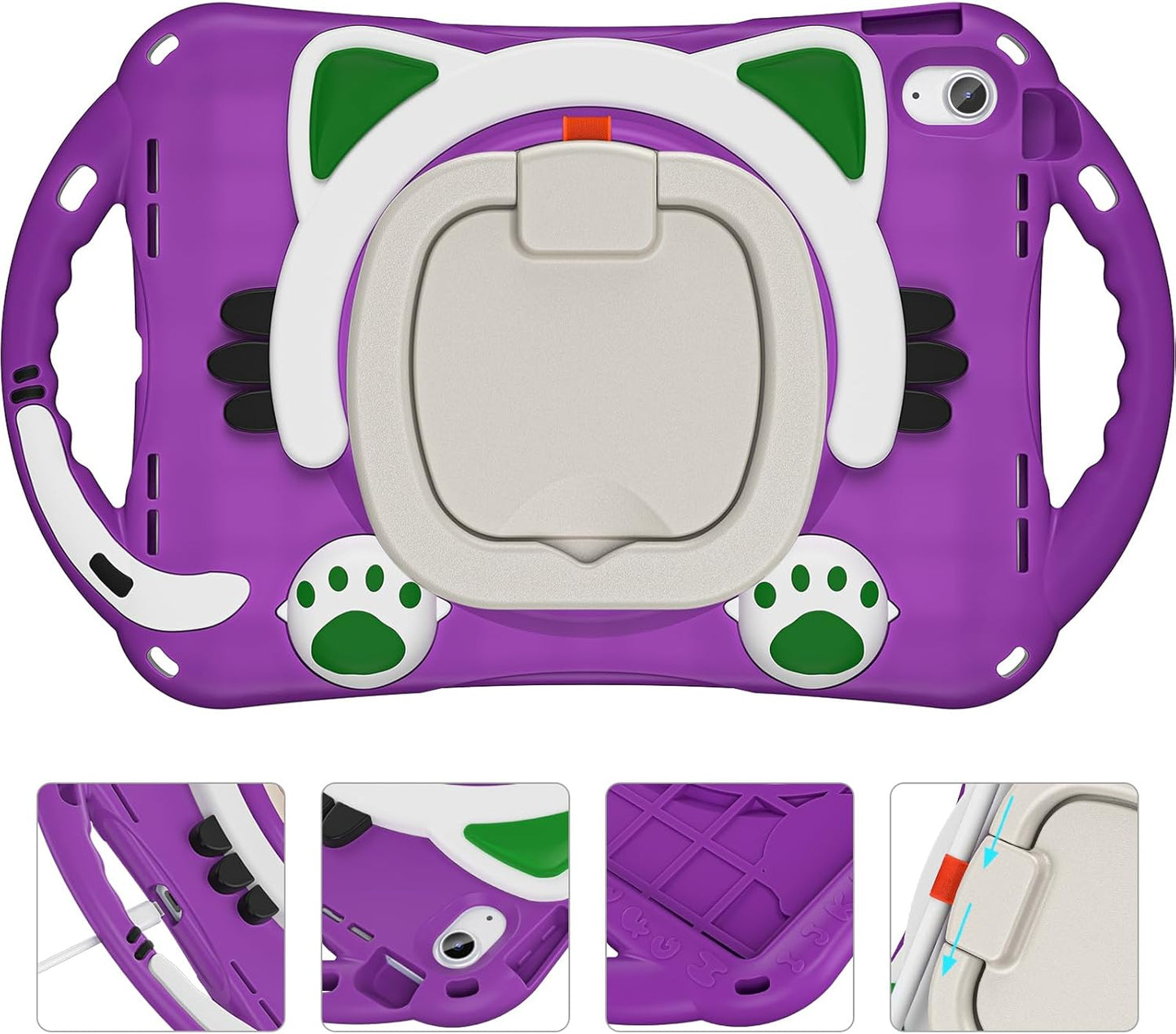 BRAECN Cute Cat Case for iPad (A16) 11th/10th Generation 11”/10.9'' 2025/2022, Silicone Kids Boys Case with Pencil Holder, Carrying Shoulder Strap, 360°Rotating Handle Grip & Kickstand, Purple