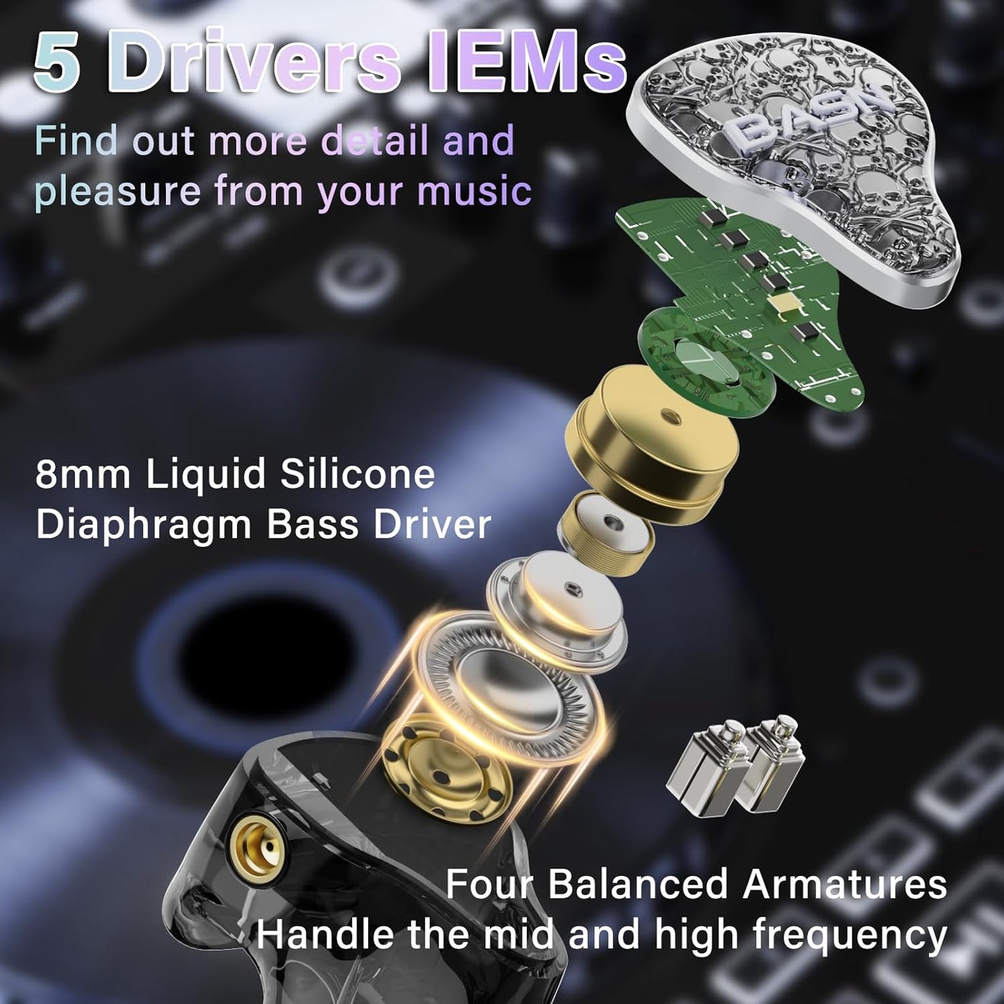 BASN Bmaster5 in Ear Monitors, 5 Drivers Drummer Headphones with Powerful Bass, Noise Isolation IEM Earbuds with Detachable MMCX Sliver-Plated OFC Cable for Musicians (Midnight Black, MMCX)