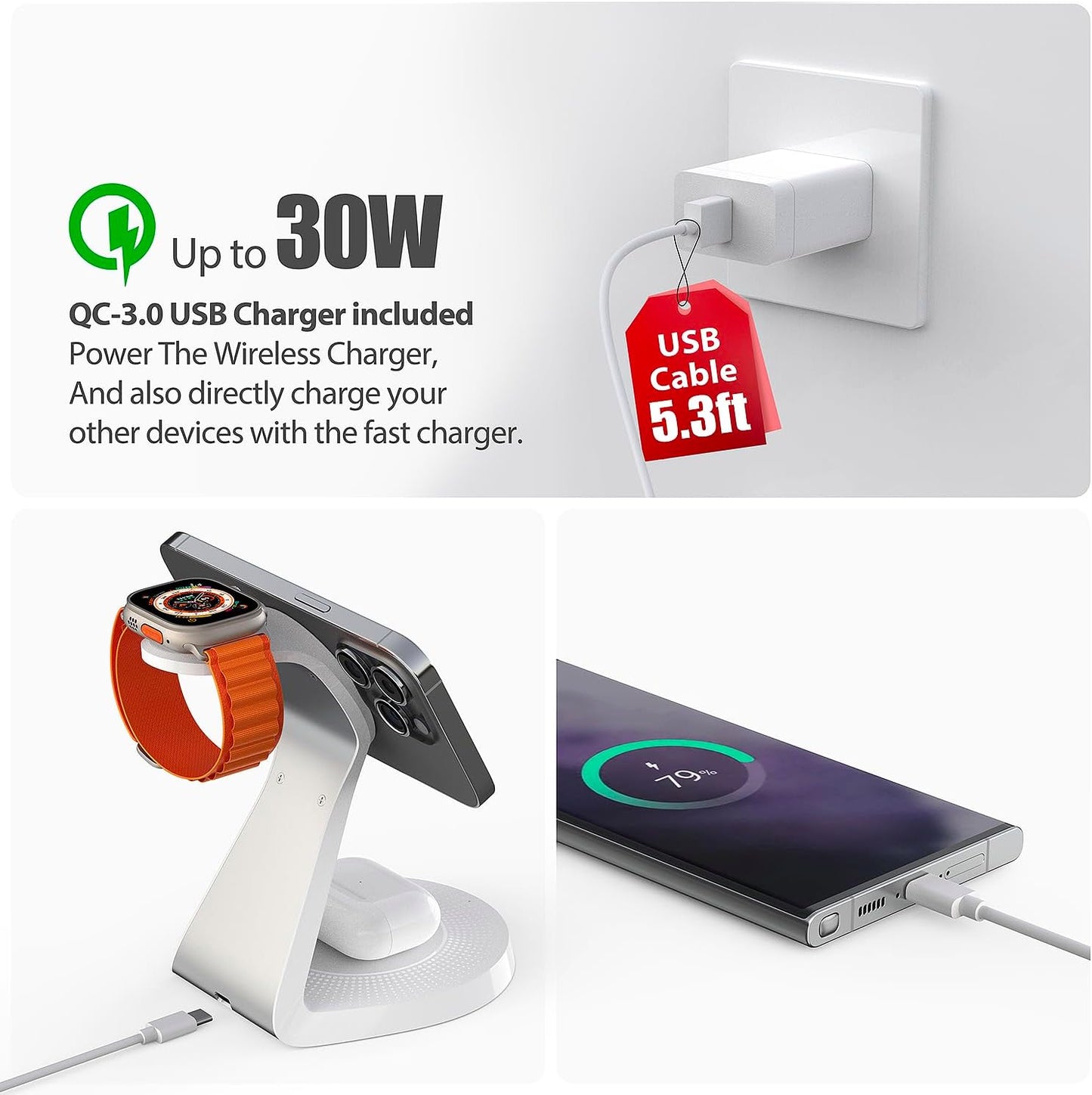 3 in 1 Charging Station for Apple Devices,Mag-Safe Charger Stand Fast Charging,Wireless Charger for iPhone 16/15/14/13/12 Series,& AirPods,& iWatch(USB-C Charger Included)