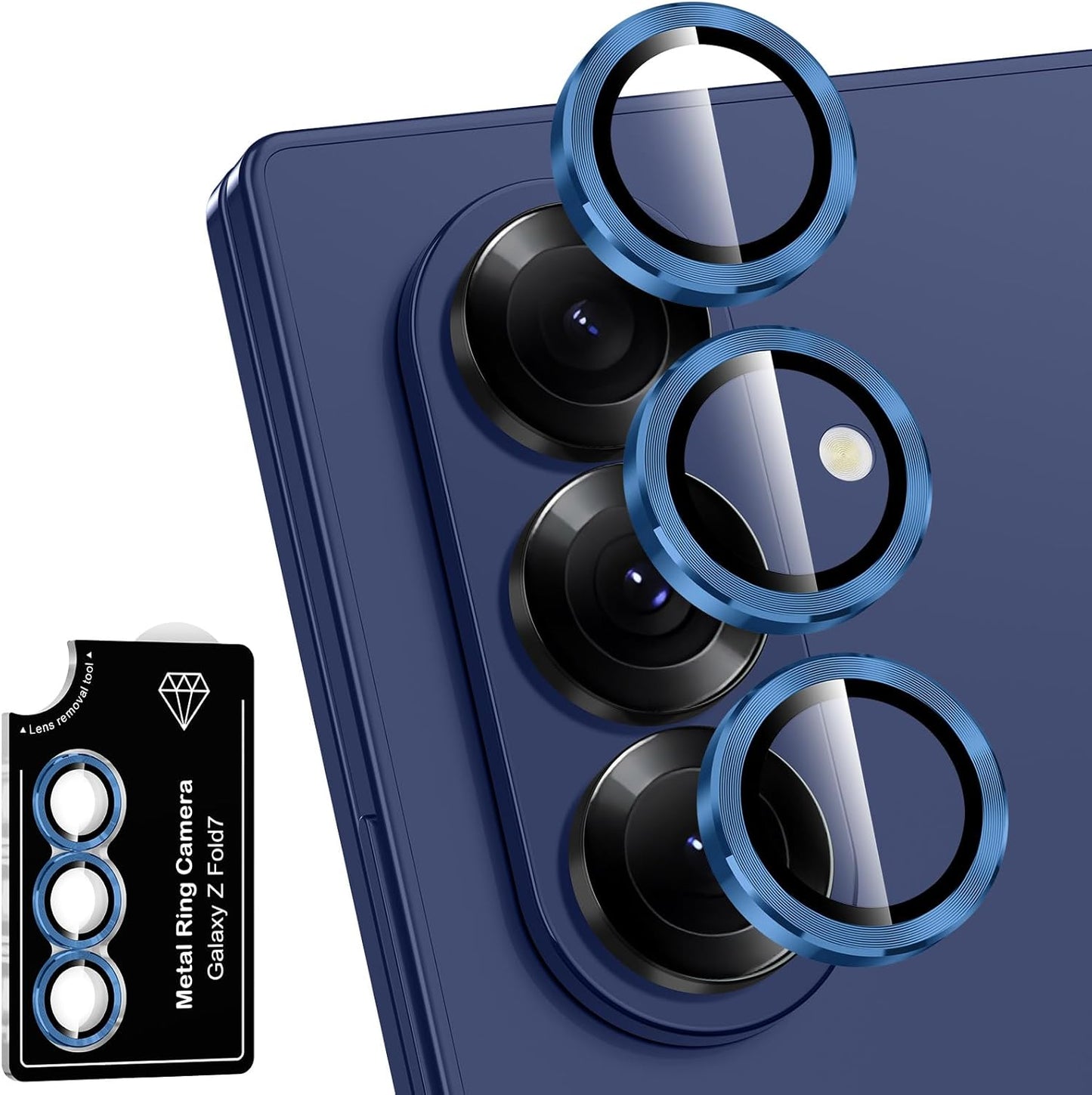 for Samsung Galaxy Z Fold 7 Camera Lens Protector, Individual Metal Ring Tempered Glass Lens Cover, [Strong Adsorption] Scratch Resistant Ultra-Thin HD Clear Lens Cover, 1 Set-Deep Blue