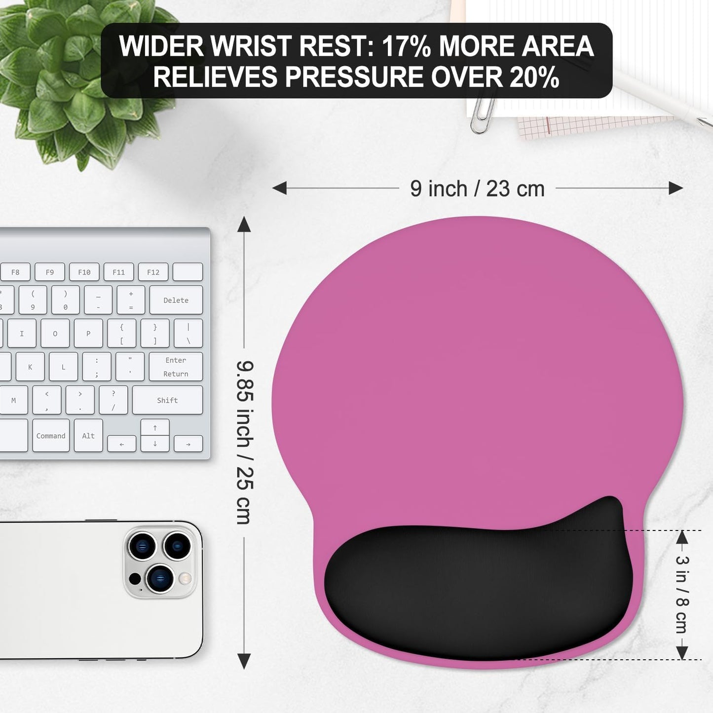 ITNRSIIET Ergonomic Mouse Pad with Wider Memory Foam Wrist Rest +17% - Curved Cushion Reduces Pressure 20%, Pain Relief, Non-Slip, Smooth, Cute Colors, 9.85 x 9 in, Black-Pink Contrast