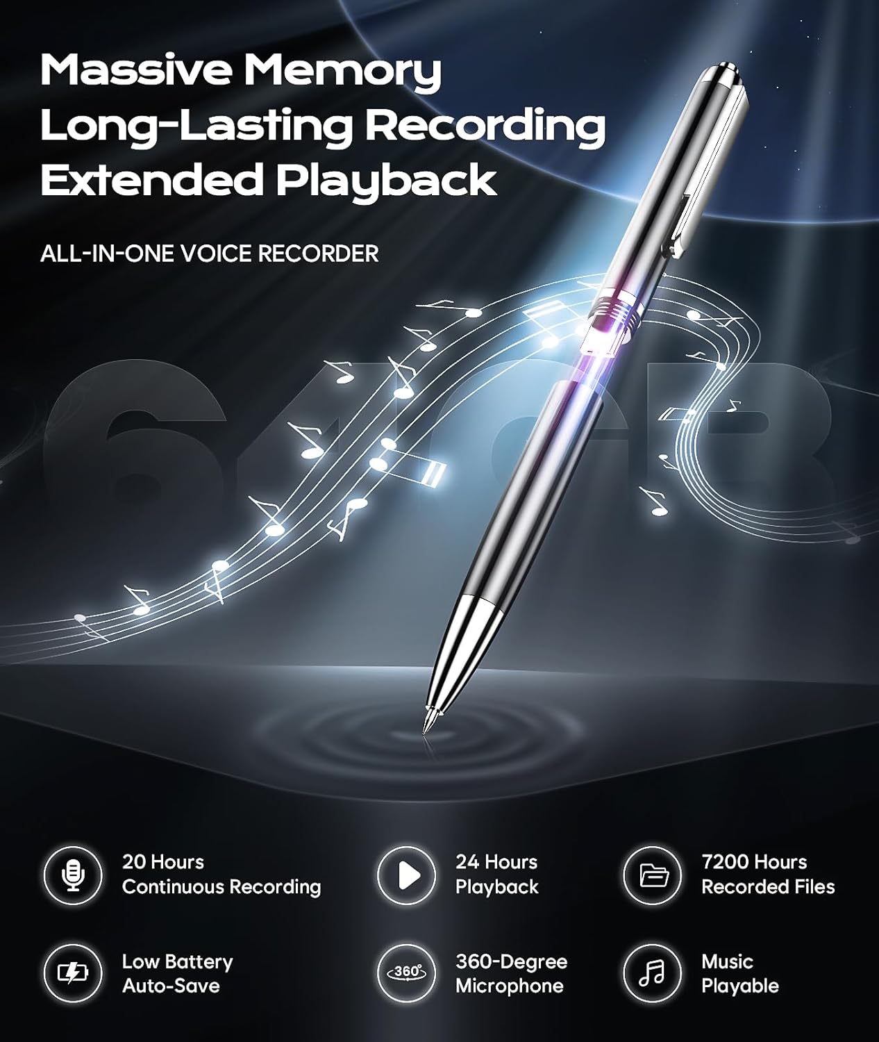 64GB (7200Hrs) Voice Recorder w/Type-C, Voice Activated Recorder with AI-Intelligent Noise Reduction, Audio Recording Device 90 Days Storage Capacity for Lectures Meeting, Class, Work, Interviews