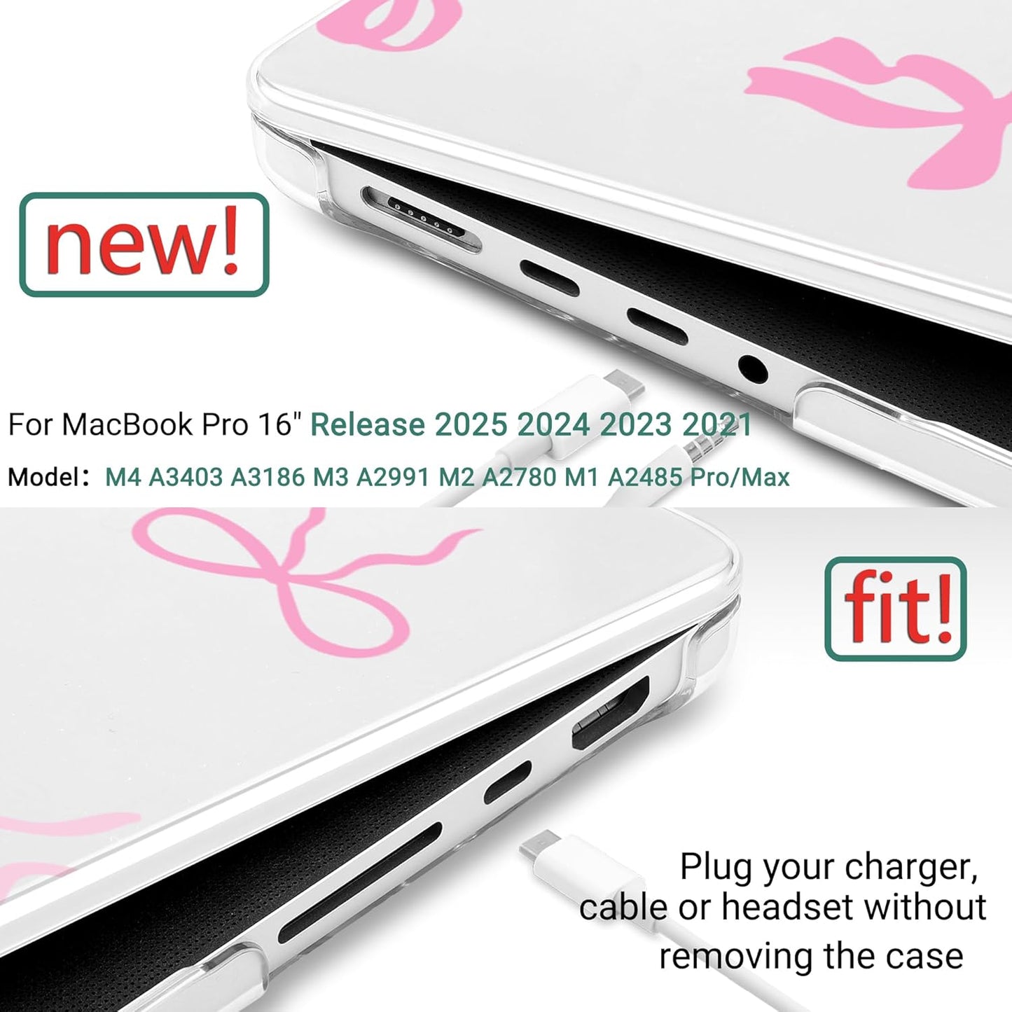 DONGKE for M4 MacBook Pro 16 Inch Case 2024 2023 2021 A3403 A3186 M3 A2991 M2 A2780 M1 A2485 Pro/Max Chip, Plastic Hard Shell Case & Keyboard Cover for Mac Pro 16 with Touch ID, Pink Bows