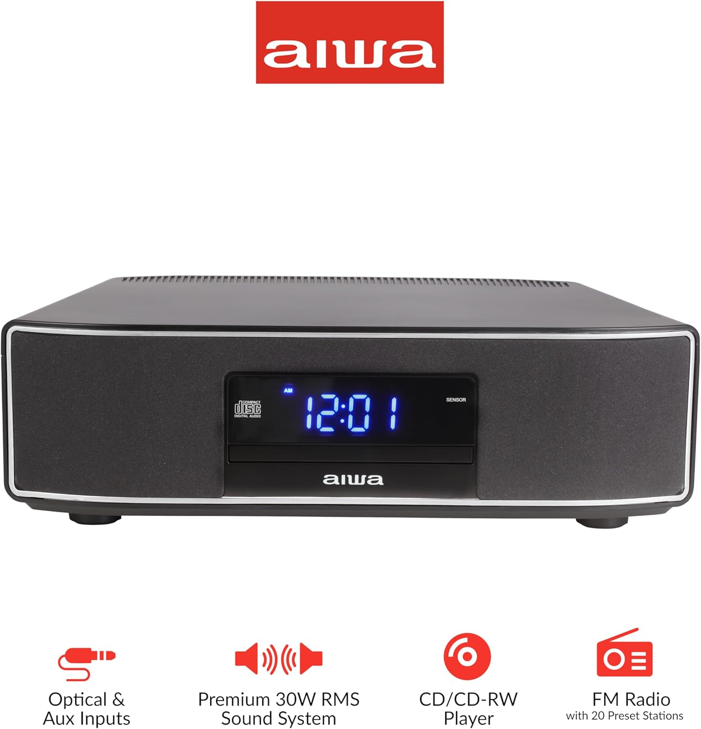 AIWA Exos Home Speaker, Premium 30W RMS Sound System with CD Player, Bluetooth Connectivity, FM Radio, Optical Digital Input, Dual 1” Tweeters + Dual 2” Bass Units, IR Remote Control