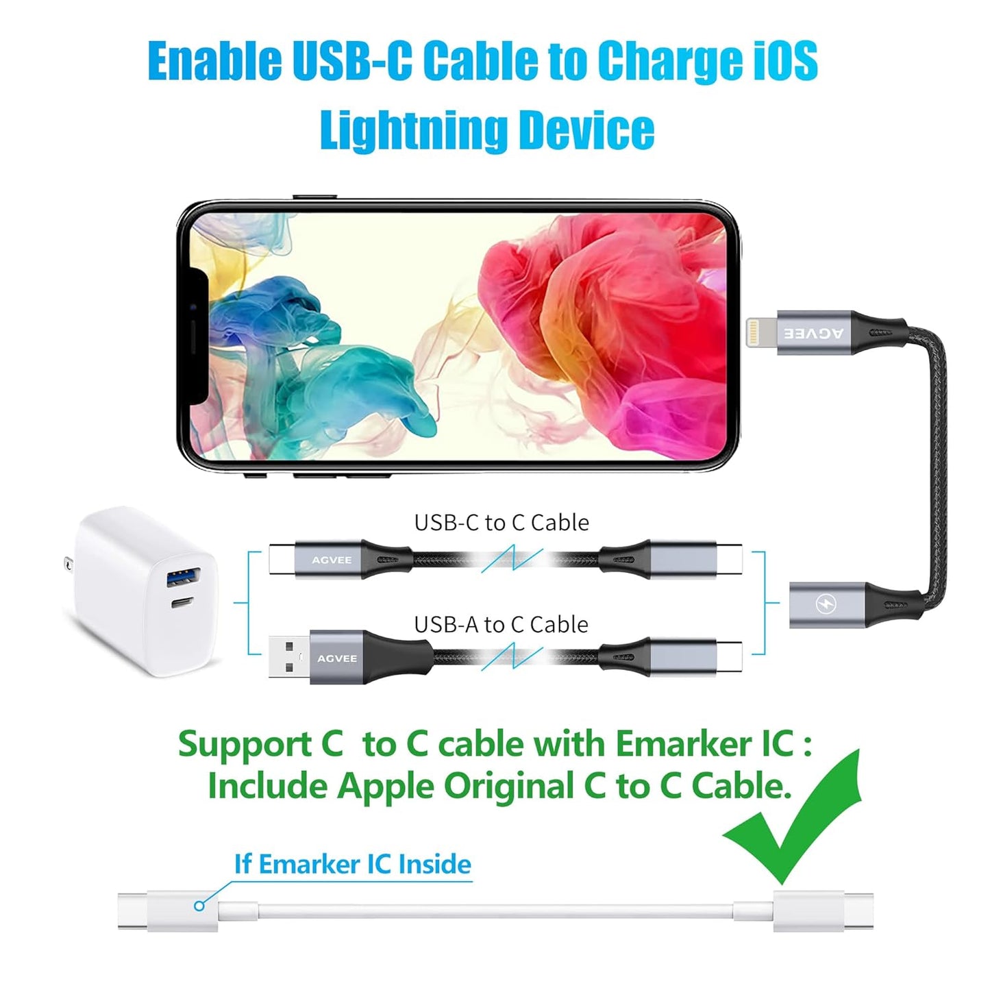 AGVEE 2 Pack 4 inch USB-C Female to Lightning Male Adapter, 30W Fast Charging Charger Converter for iPhone 14 13 12 11 Airpods iOS Device Carplay, Not for Audio, Dark Gray