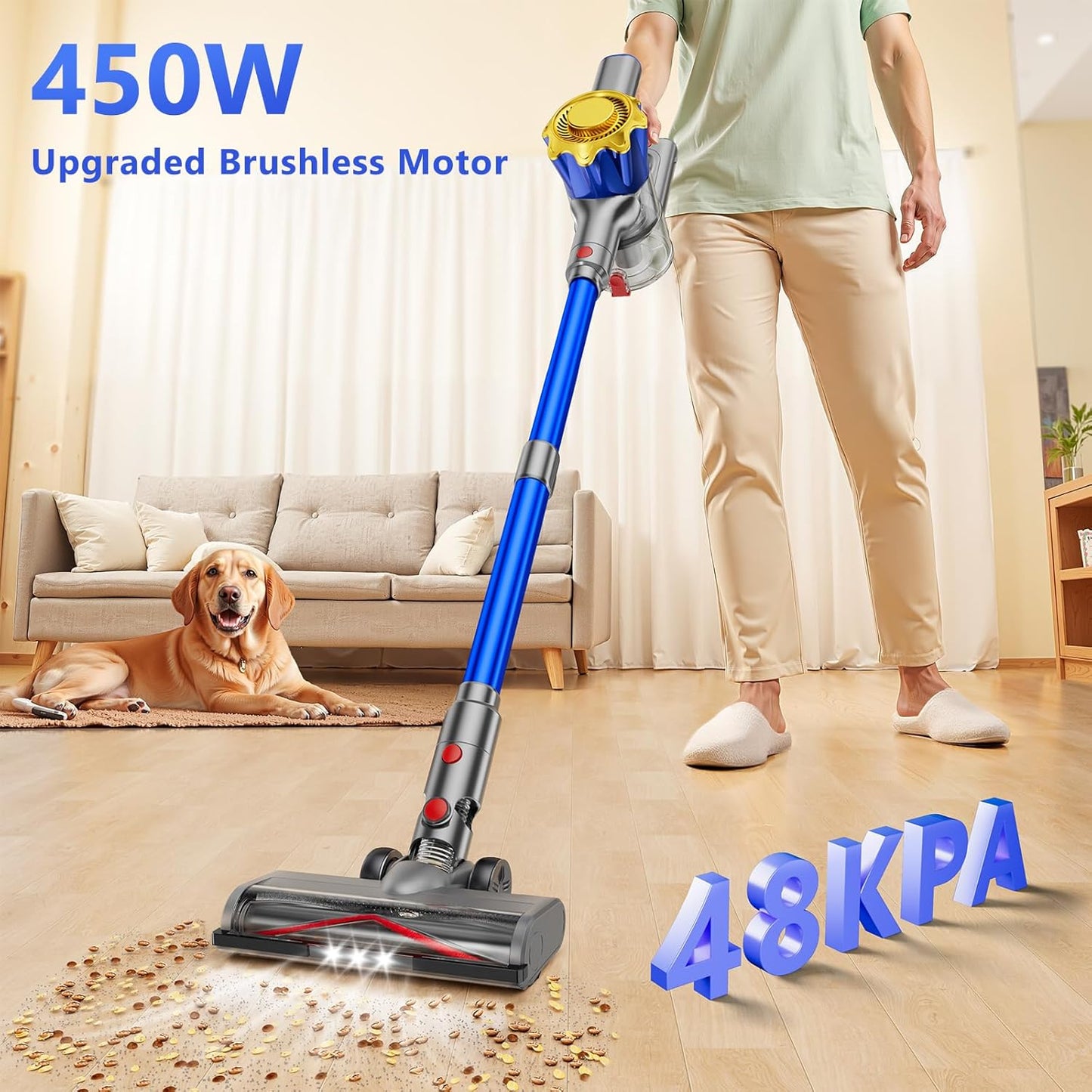 Cordless Vacuum Cleaner, 450W 48Kpa Powerful Stick Vacuum, Up to 60Mins Rechargeable Battery, Vacuum Cleaners for Home Anti-Tangled Lightweight Handheld for Hardwood Floor, Carpets, Pet Hair