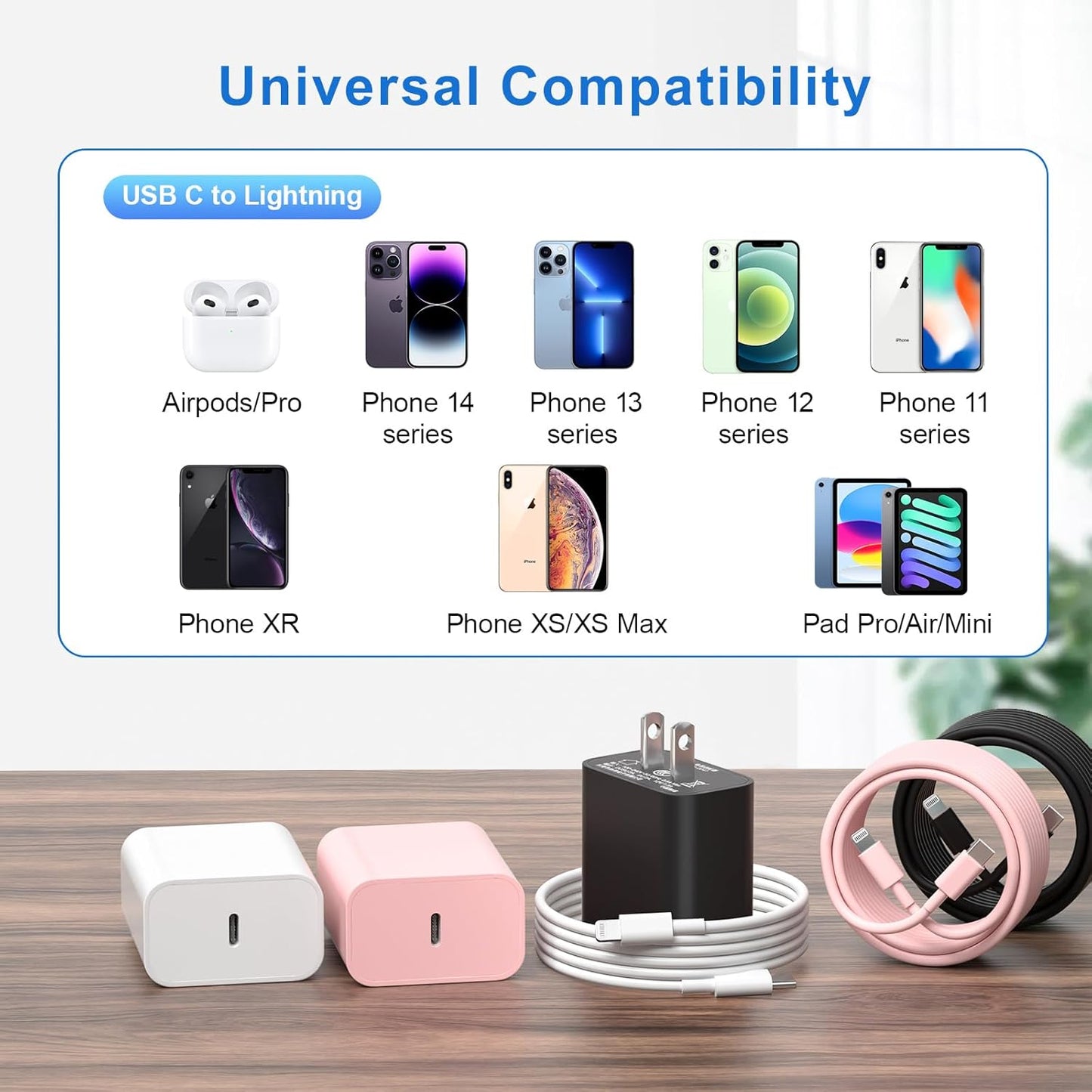 Compatible with iPhone 14 13 12 Charger, 20W Fast Charging Wall Charger,10 FT USB ightning Cable,Phone Charger Cord for Phone 14/13/12/12 Pro Max/11/Xs Max/XR/X,AirPods Pro and More(White/Pink/Black)