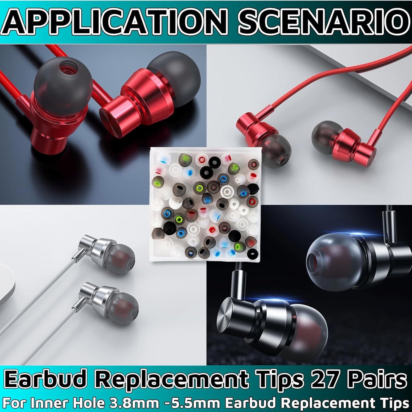 54Pcs Earbud Replacement Tips，Ear Bud Rubber Tips Silicone Earbud Tips Earbud Covers Silicone Tips Headphone Covers for Ears Headphone Ear Covers Replacement (Inner Hole 3.8mm -5.1mm) 27 Pairs S M L