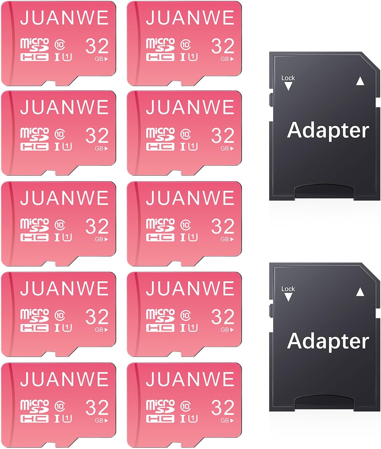 JUANWE 32GB Micro SD Cards 10 Pack Memory Card, SDHC High-Speed U1 A1 SD Card, 32GB TF Cards with 2 Adapter for Phone, Dash Cam, Security Camera (10 Pack, Pink)