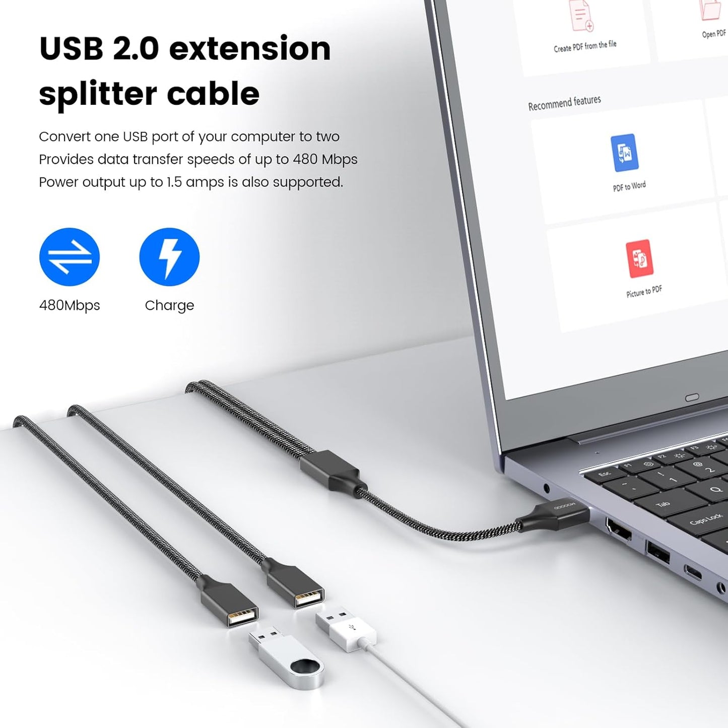 Durable USB A Male to 2 Female Extension Cord - Nylon Braided, Fast Data Transfer, Compatible with Printer, Keyboard, Flash Drive, Hard Drive, PlayStation