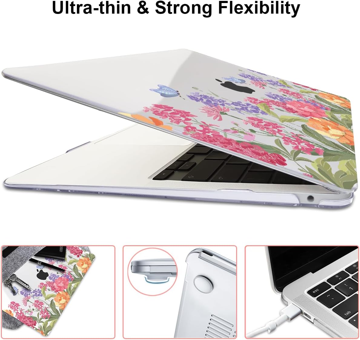 for MacBook Pro 13 Inch Case 2022 2021 2020 Release A2338 M2 M1 A2251 A2289, Plastic Hard Shell Case for MacBook Pro 13.3 inch with Touch Bar & Touch ID, Pink & Purple Flowers