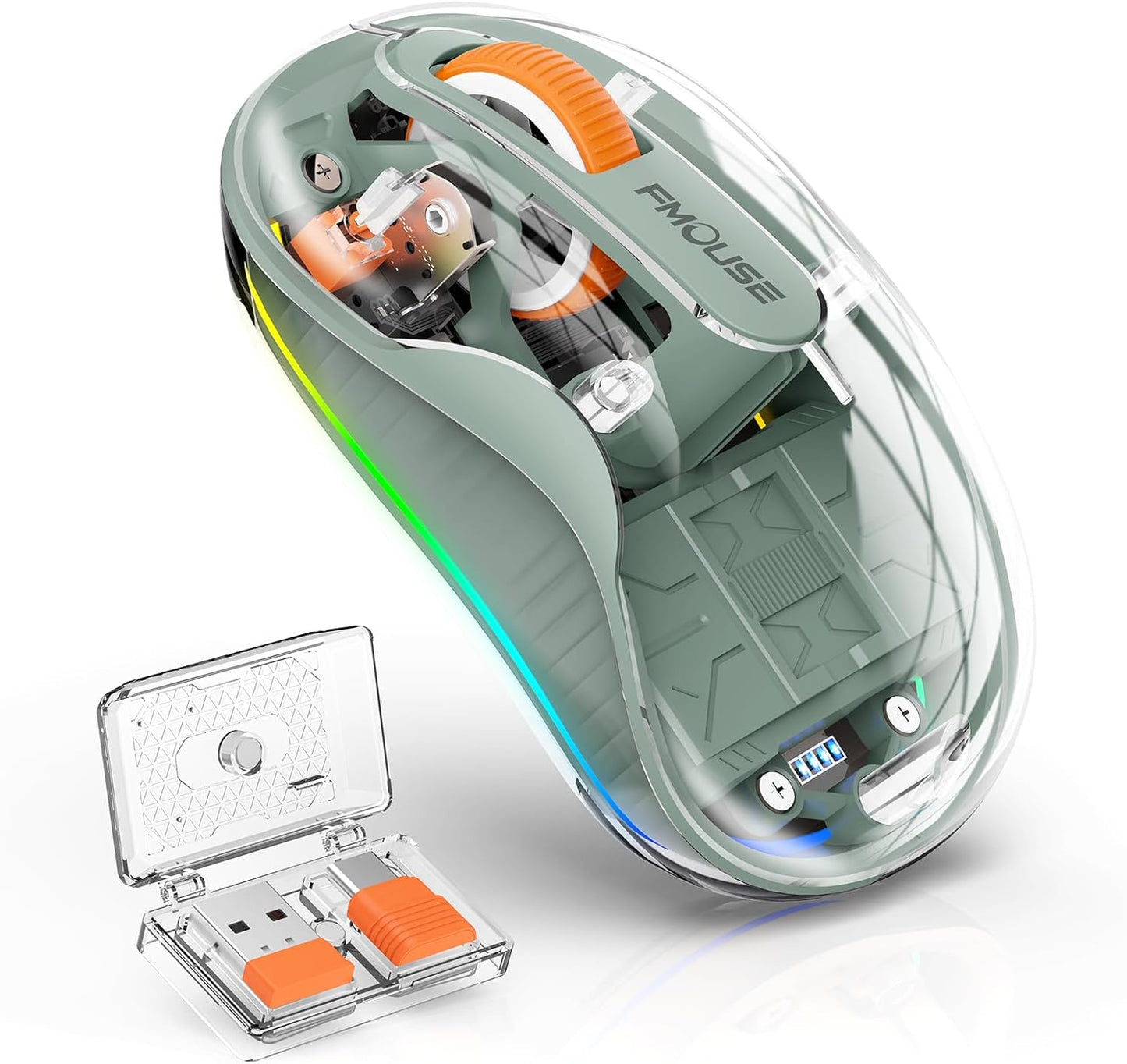 Bluetooth Wireless Mouse, Transparent RGB Tri-Modes Mouse,Bluetooth & 2.4GHz for Multi Device, USB-C Receiver Ideal for MacBook/Laptops, Rechargeable, Silent, Portable, Cool LED, Ergonomic - Green