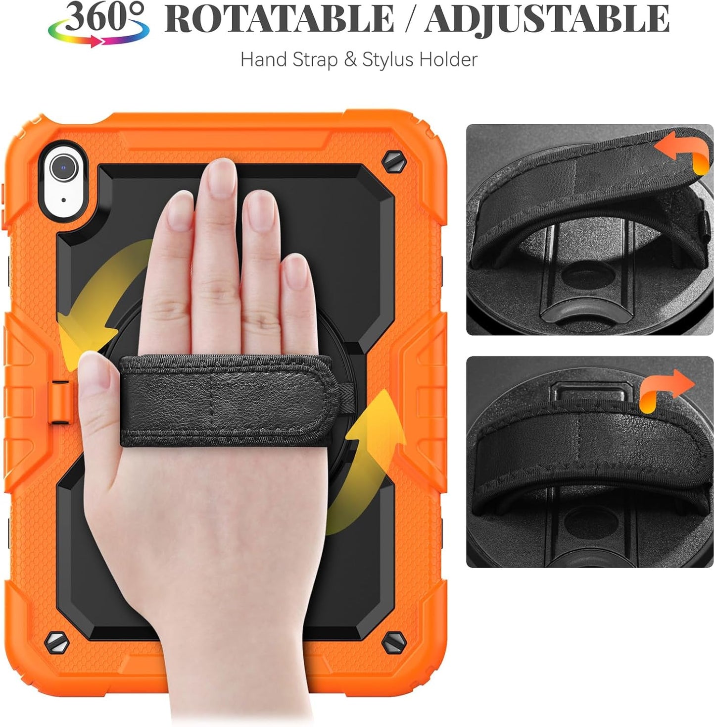 BLOSOMEET Case for iPad A16 11th/10th Generation 11''/10.9'' 2025/2022 with Tempered Glass Screen Protector & Pencil Holder, Rugged Military Grade Cover w/Stand Hand Shoulder Strap, Orange