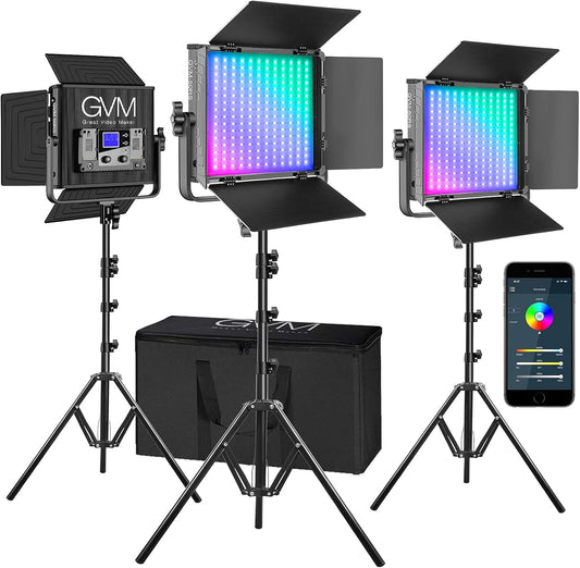 GVM RGB Video Lights with APP Control, 50W Full Color Studio Video Lighting Kit, Led Video Lights for YouTube Photography Lighting, 3 Packs Led Light Panel, Aluminum Alloy Shell, 3200K-5600K