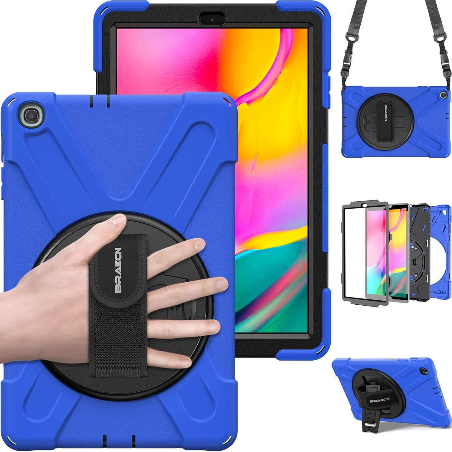 BRAECN for Galaxy Tab A 10.1 Case SM-T510/SM-T515,[Adjustable Hand Strap] [Rotating Stand] [Attachable Shoulder Strap] Heavy Duty Drop Protection Rugged Case for Samsung Tab A 10.1 Inch 2019 -Blue