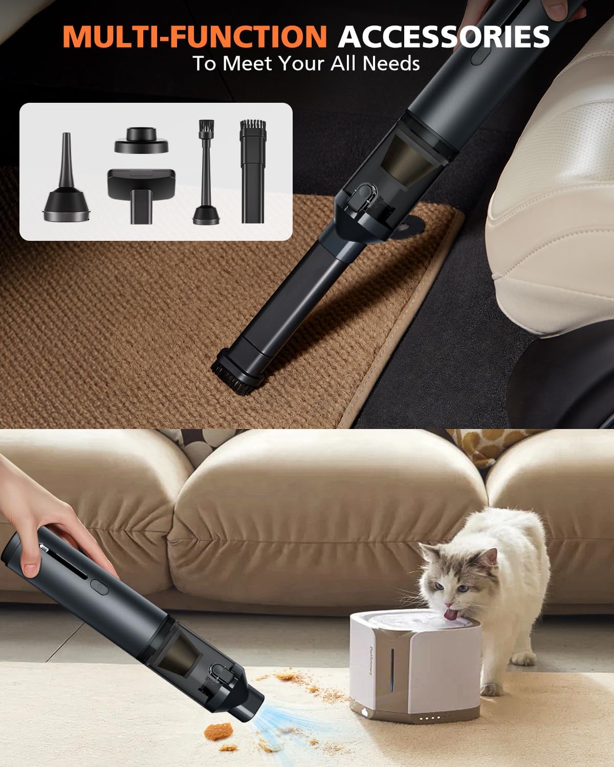 Car Vacuum Portable with 16000Pa Powerful Suction, Handheld Vacuum Cordless Rechargeable Blow & Suction 4 in 1, Small Vacuum Cleaner for Car, Home, Office, Outdoor (Grey)