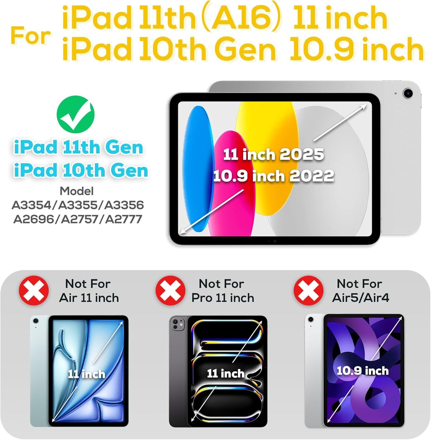 BLOSOMEET Case for iPad A16 11th/10th Generation 11''/10.9'' 2025 2022 with Tempered Glass Screen Protector, Rugged Cute Girls Boys Cover with Stand Hand Shoulder Strap, Fashion Yellow