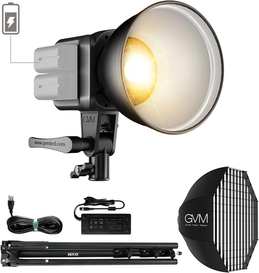 GVM Great Video Maker GVM 80W Bi-Color COB Video Light Kit, 2700K~7500K Continuous Lighting for Photography with Bowens Mount Softbox&Stand, 8 Effects Support AC Adapter & NP Battery