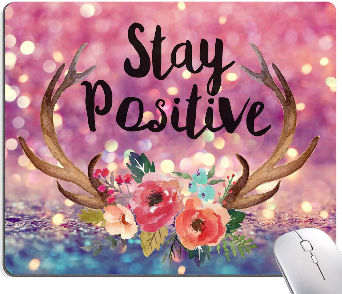 Inspirational Quote Mouse Pad - Purple Glitter, Square Waterproof, Non-Slip Rubber Base for Office Laptop, 9.5"x7.9"x0.12" Inch (Stay Positive)