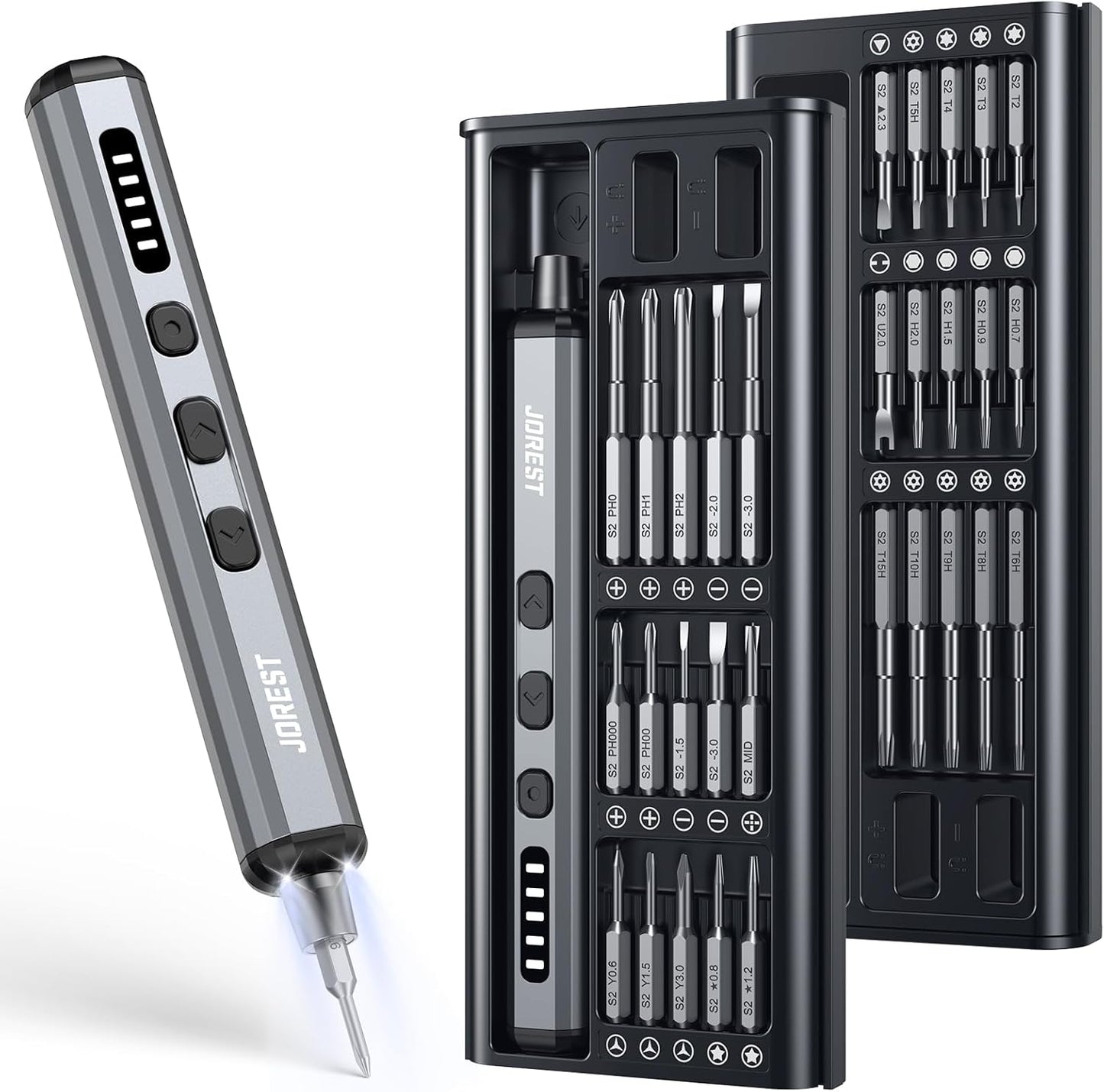 JOREST Mini Electric Screwdriver, Precision Set with 38-in-1 Magnetic Bits, 5 Torque Settings, LED Light, Repair Tool Kit for iPhones, Laptop, Drone, Game Console, Camera, Glasses, Watches, Toys
