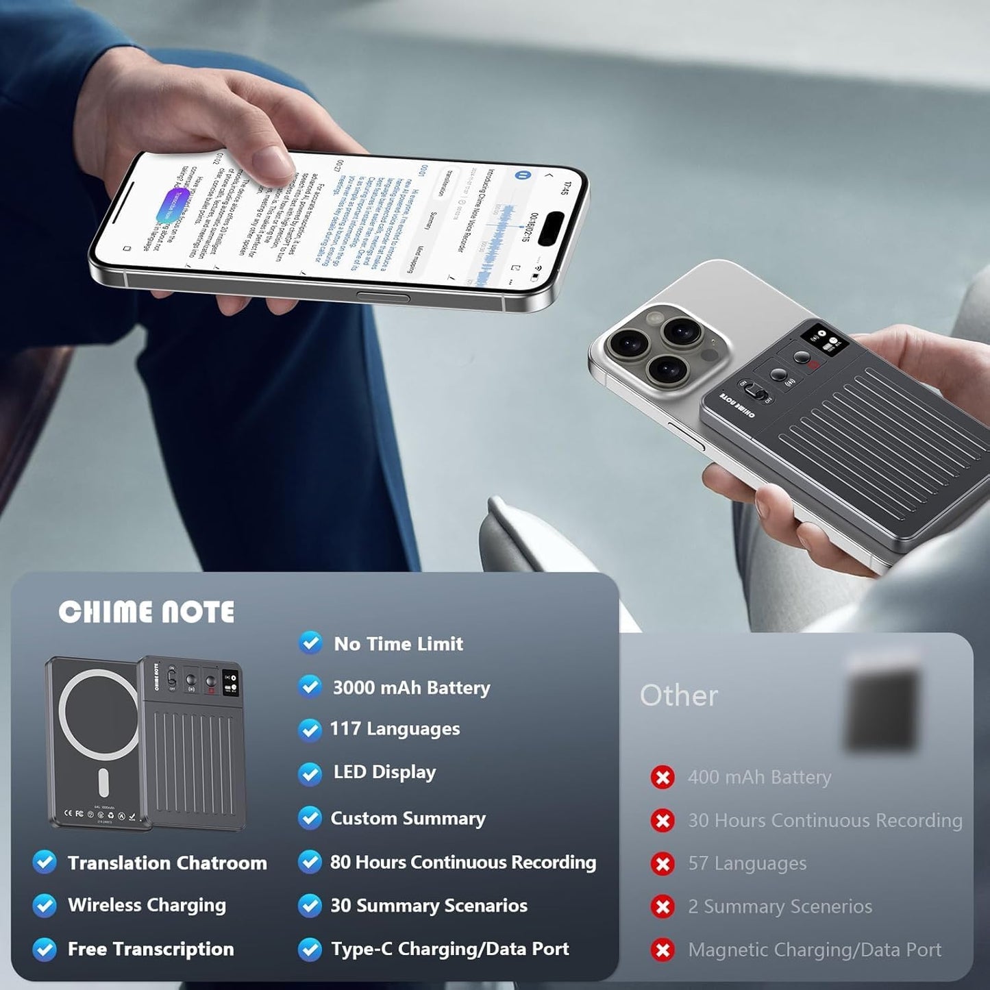 AI Voice Recorder - 64GB Voice Recorder with Free Transcribe & AI Summary by ChatGPT, APP & Web Control, 121 Languages, Wireless Charging, for Meetings/Calls (Grey)