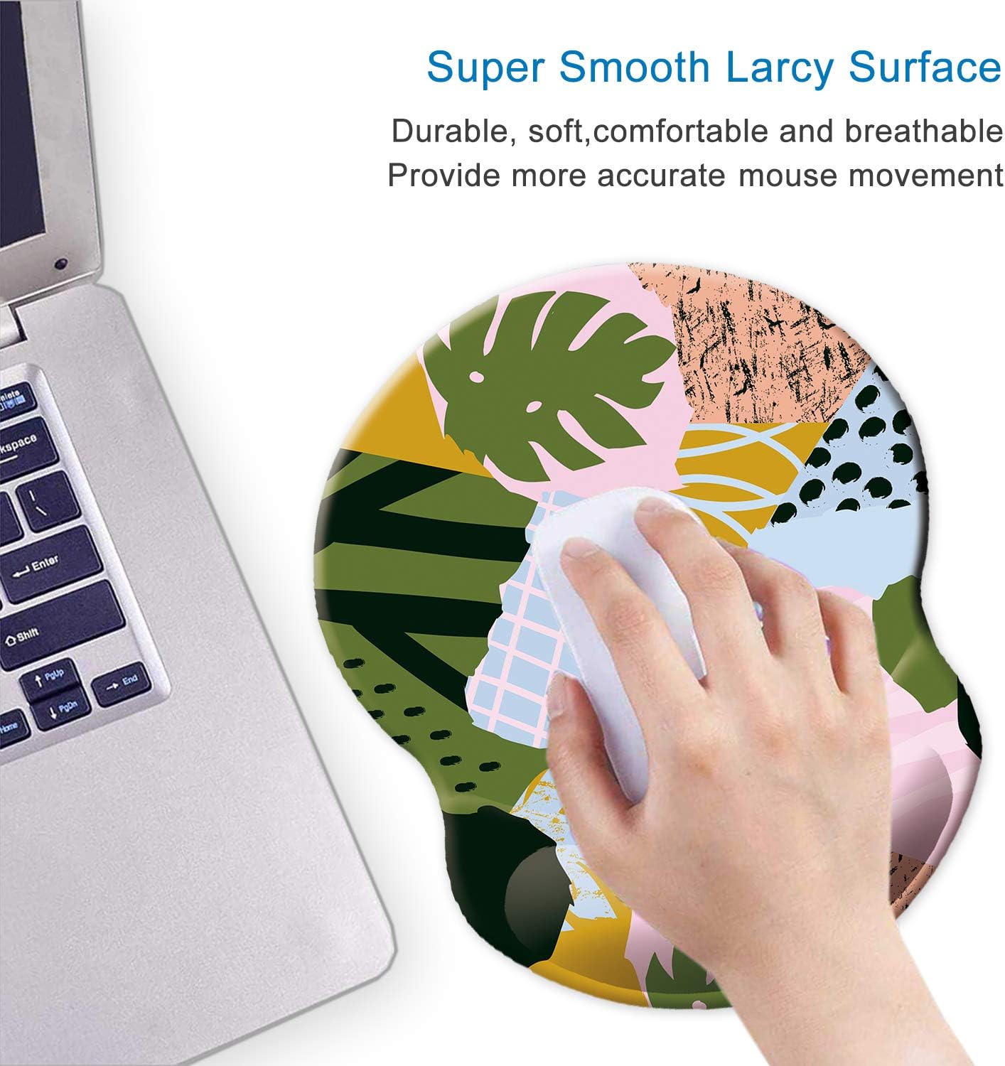 ITNRSIIET Ergonomic Mouse Pad with Gel Wrist Support Small Wrist Rest Smooth Surface Non-Slip PU Base Comfortable Office Supplies Pain Relief, 8.7 x 7.2 inches, Abstract Leaves