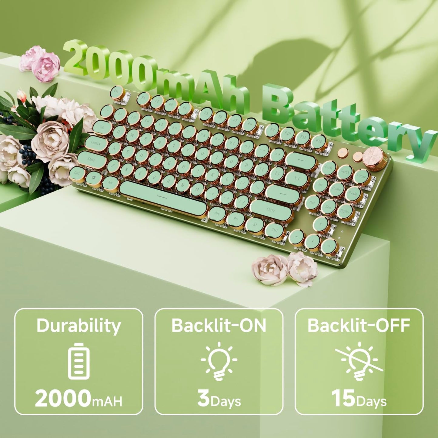 EWEADN V20 Green Typewriter Keyboard,87 Keys Backlit Typewriter Style Mechanical Keyboards, Media Control Knob, Wired/BT5.0/2.4G Typewriter Style Computer Keyboards Pink Switch for Windows/Mac/PC