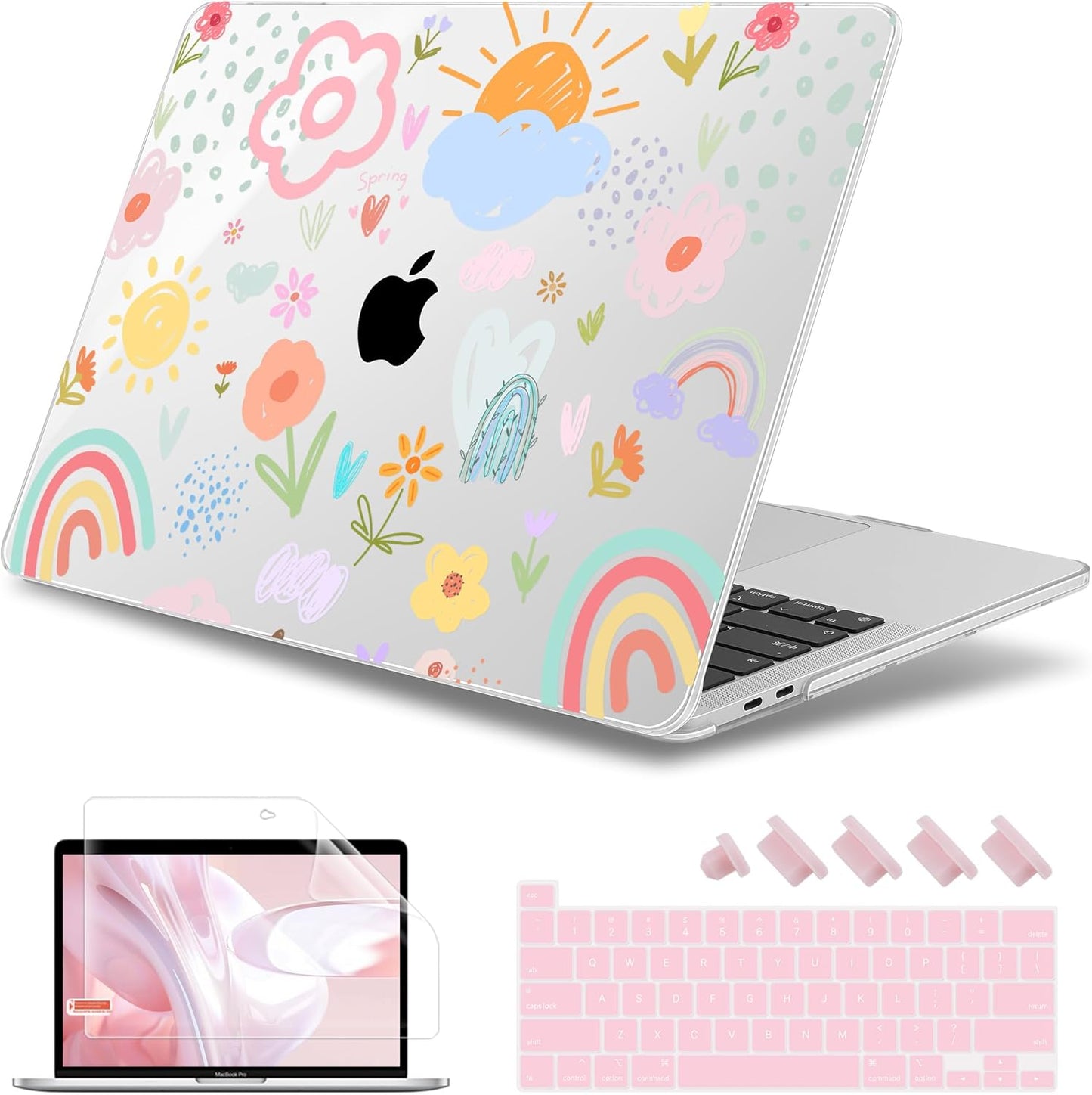 May Chen Case for MacBook Pro 13 inch M2 2023,2022,2021,2020 A2338 M1 A2251 A2289, Plastic Hard Shell Case for MacBook Pro 13" with Touch Bar Fits Touch ID, Rainbows Flowers