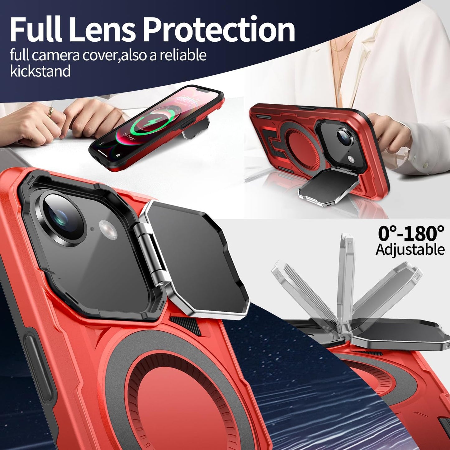 Camera Stand Case for iPhone 16E, [Compatible with Mag Safe] [Lens Cover] 2024 Version Military Grade Protective Soft Case for iPhone 16E 6.3 inch Men Women, Red