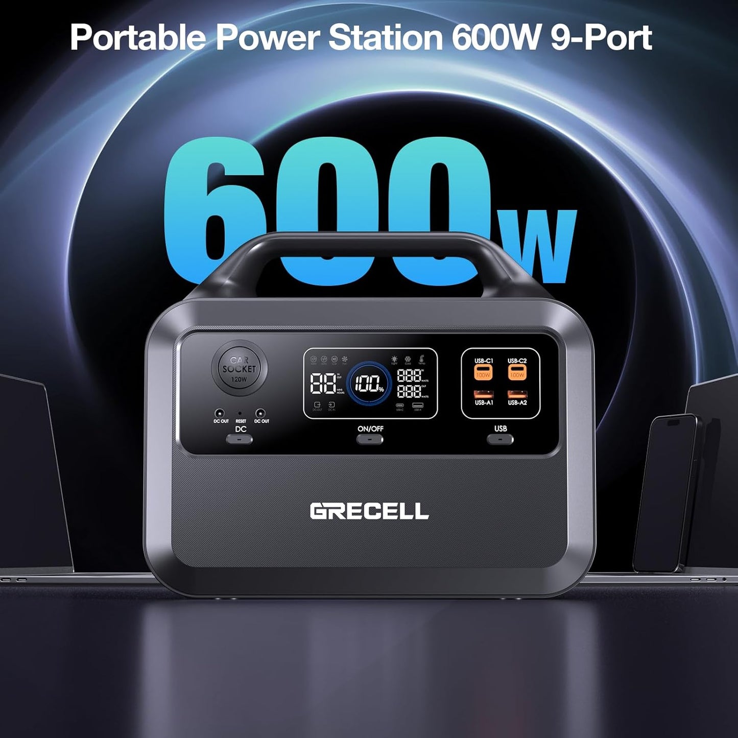 GRECELL Portable Power Station 600W(Peak 1200W), 460Wh LiFePO4 Battery, 1.5hrs Fast Charging, 110V Pure Sine Wave AC Outlet Backup Lithium Battery for Outdoors Camping Travel Hunting Home Blackout