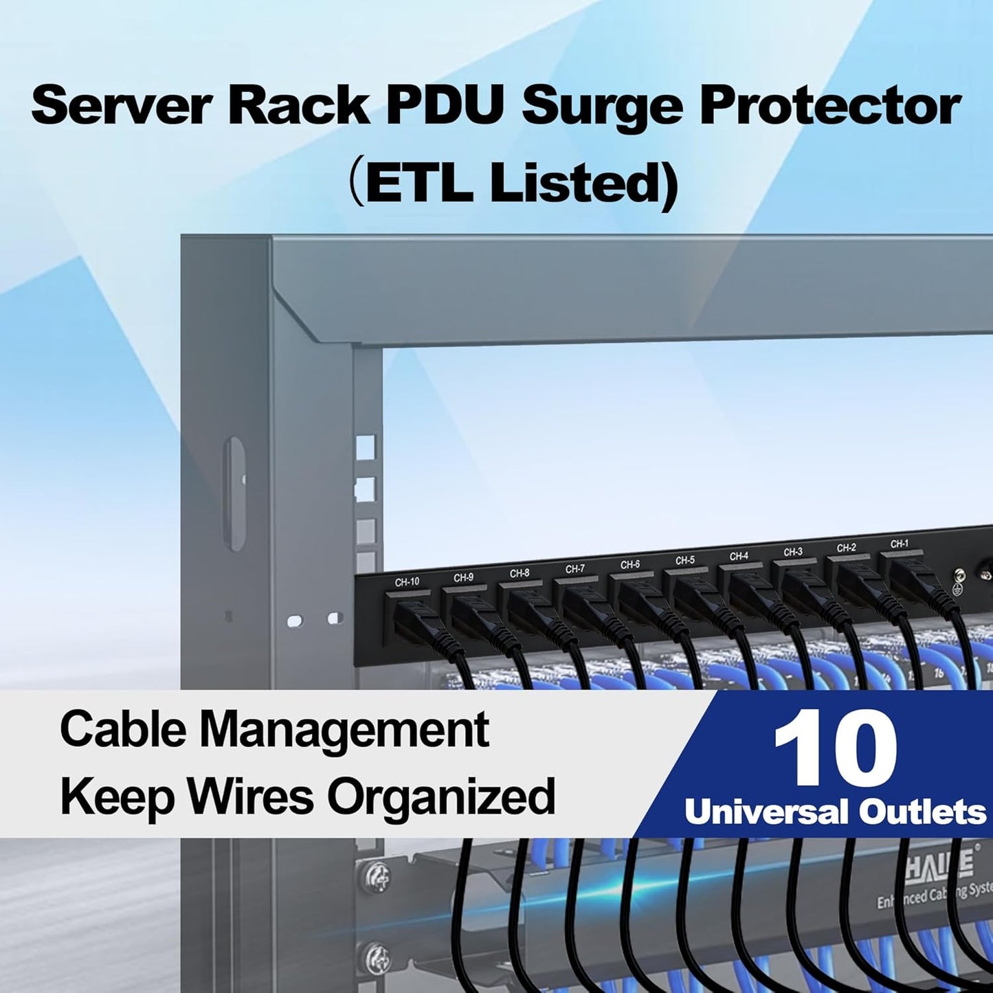 10 Outlet Horizontal 1U PDU Rack Mount Power Strip - Surge Protection,10 Individual Led Switches，AC 100V-240V-15A.for Network Server Racks, 6 ft Heavy Power Cord, ETL Listed