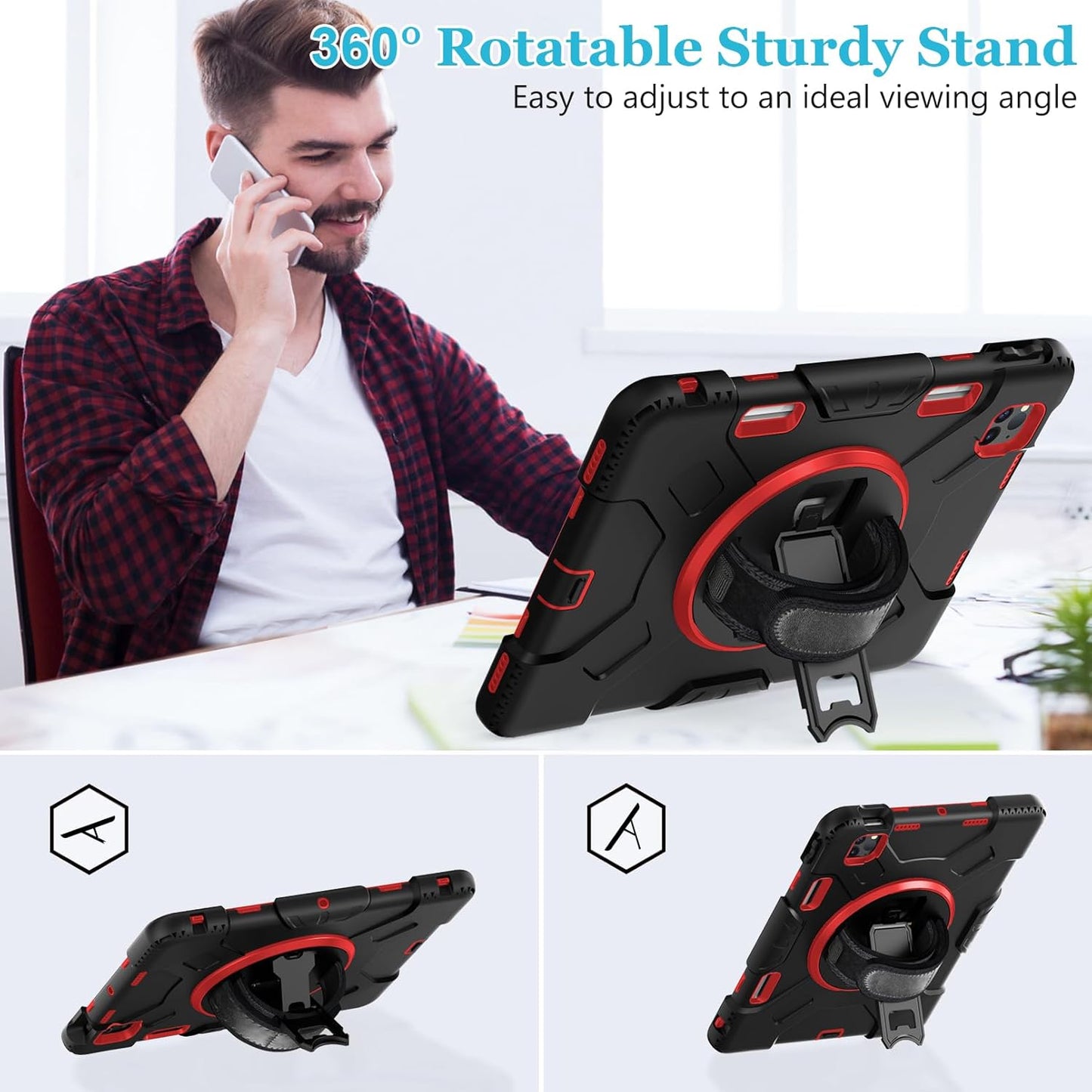 Case for iPad Pro 11 Inch (2022/2021/ 2020/2018): Silicone Cover for iPad 11 (4th/ 3rd/ 2nd/ 1st) Generation with Screen Protector- Stand- Handle- Shoulder Strap- Pencil Holder- Red