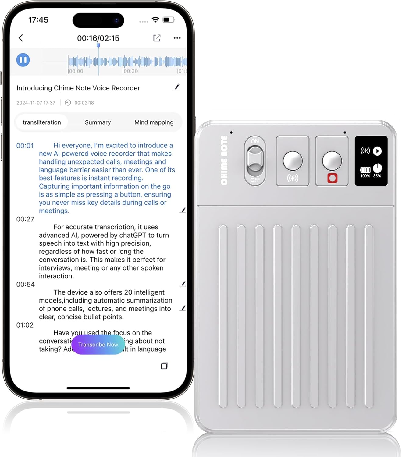 AI Voice Recorder, Voice Recorder with No Fee for Transcribe & Summarize Empowered by ChatGPT, APP and Web Sync, Real-time Translation, 107 Languages, Wireless Charging, for Lectures, Meetings-Silver