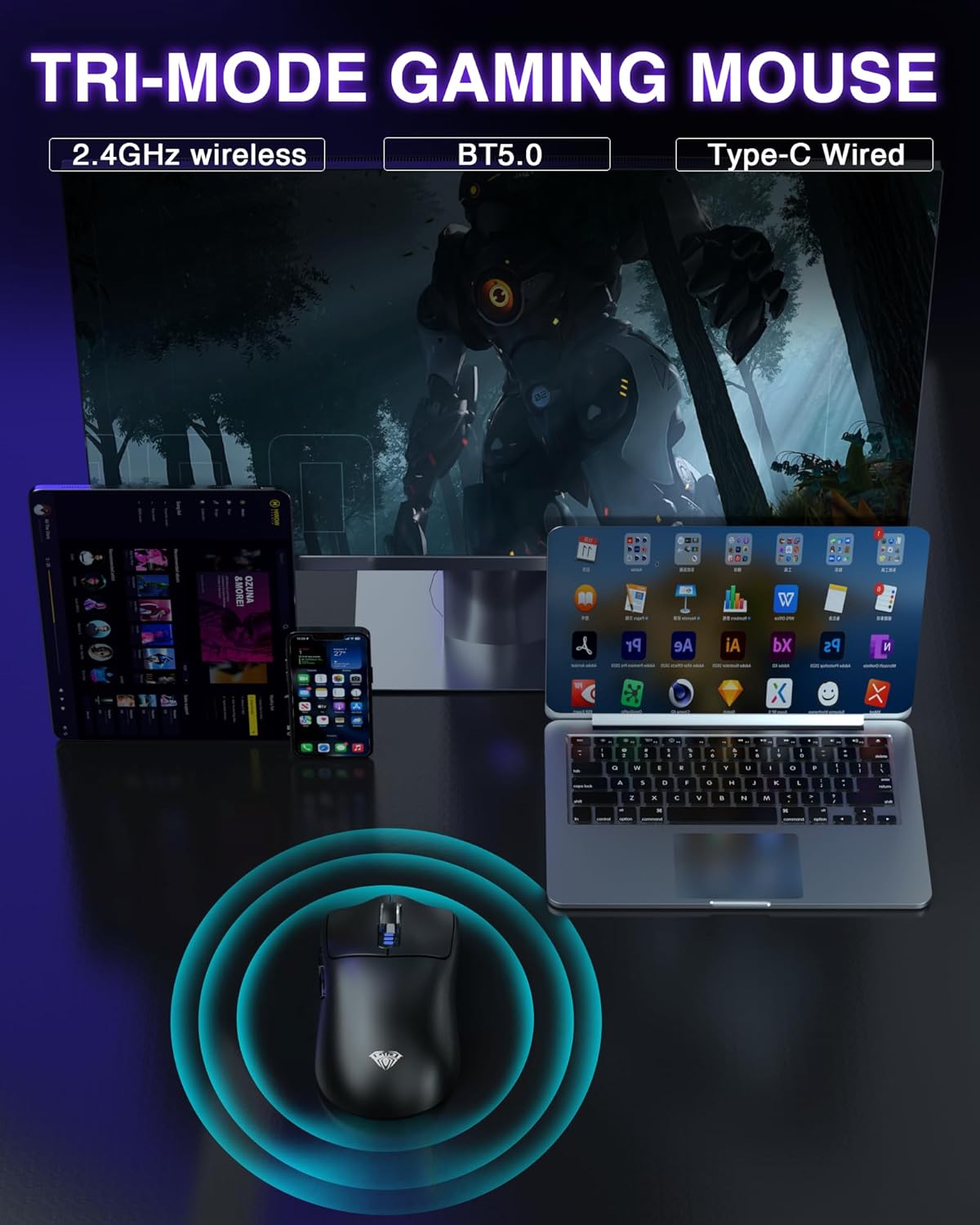 AULA SC580 Wireless Gaming Mouse, Tri-Mode 2.4G/BT5.0/USB-C Gaming Mouse, 12000 DPI Rechargeable Wireless Mouse with 6 Programmable Buttons, Ergonomic Computer Mouse for Laptop/PC/Mac/Tablet