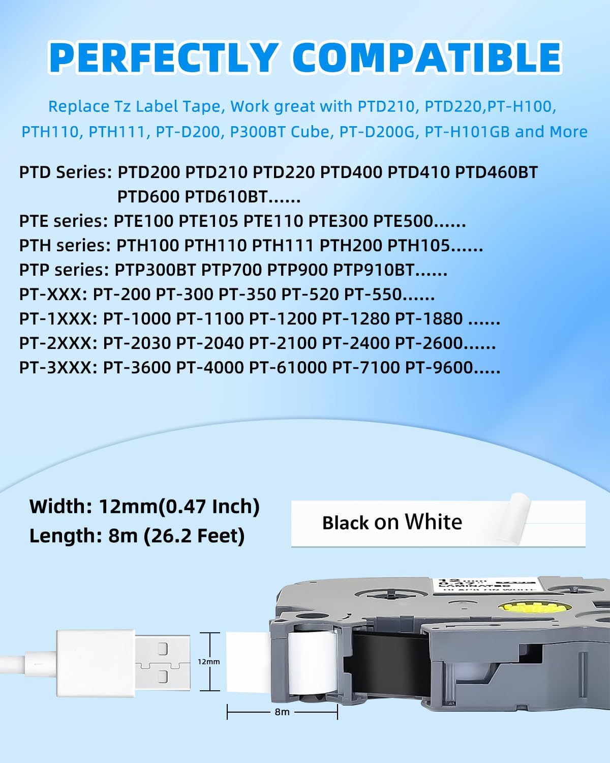 15-Pack 12mm 0.47 Inch Laminated White TZe Tz Tape Replace for Brother Label Maker Tape TZe-231 Compatible with P Touch Label Maker PT-D210 PT-D220 PT-D200 PT-H100 PT-D400 PT-D600