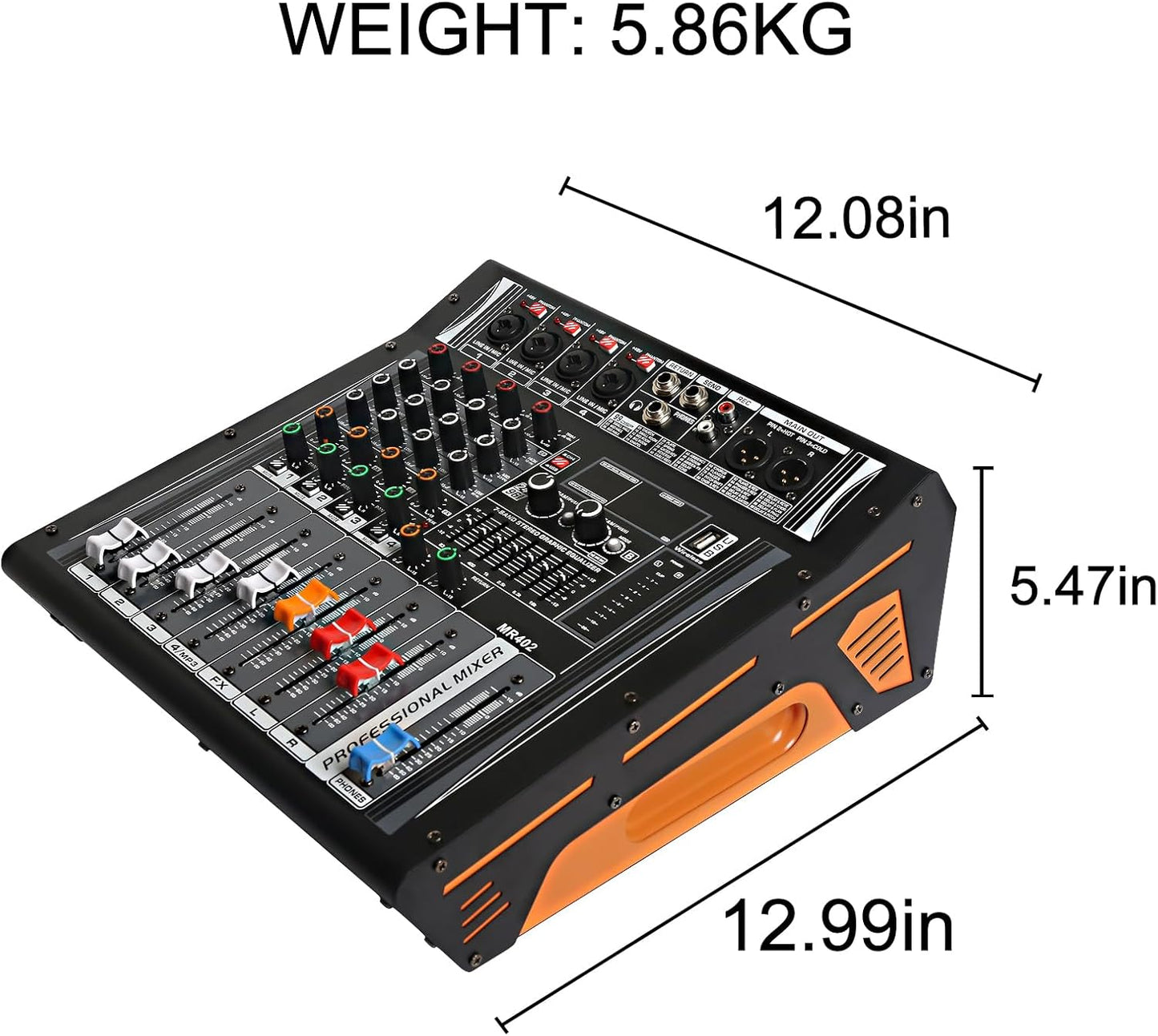 Audio Mixer 4 Channel, DJ Mixer with Power Amplifier, Audio Sound Card with 48V Phantom Power, Usb Audio Interface, Sounds Mixer Board with 99 DSP FX Reverb Delay Effect for Streaming