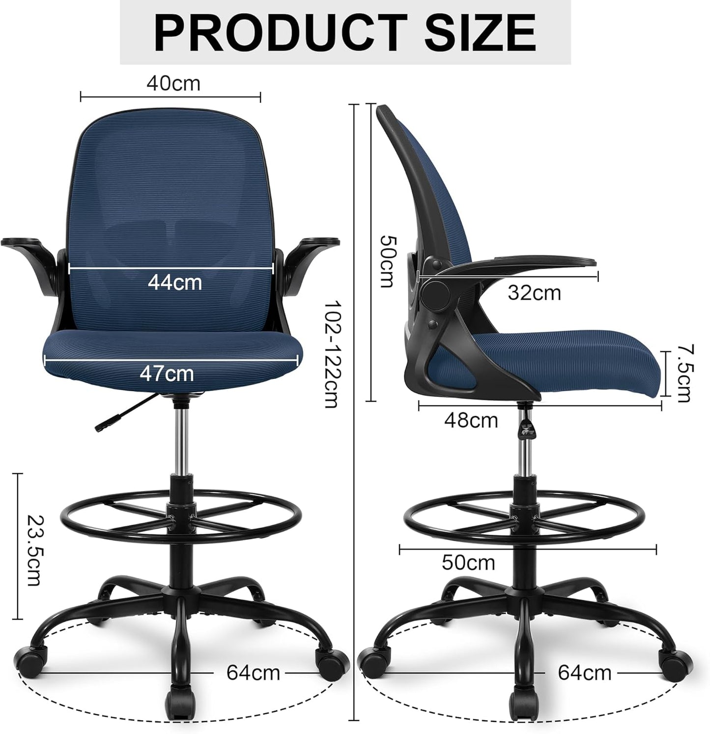Drafting Chair, Tall Office Chair Ergonomic Standing Desk Chair,with Adjustable Footrest Ring, 3D Lumbar Support, Flip-up Armrests, Swivel Desk Stool for Drawing Working Navy