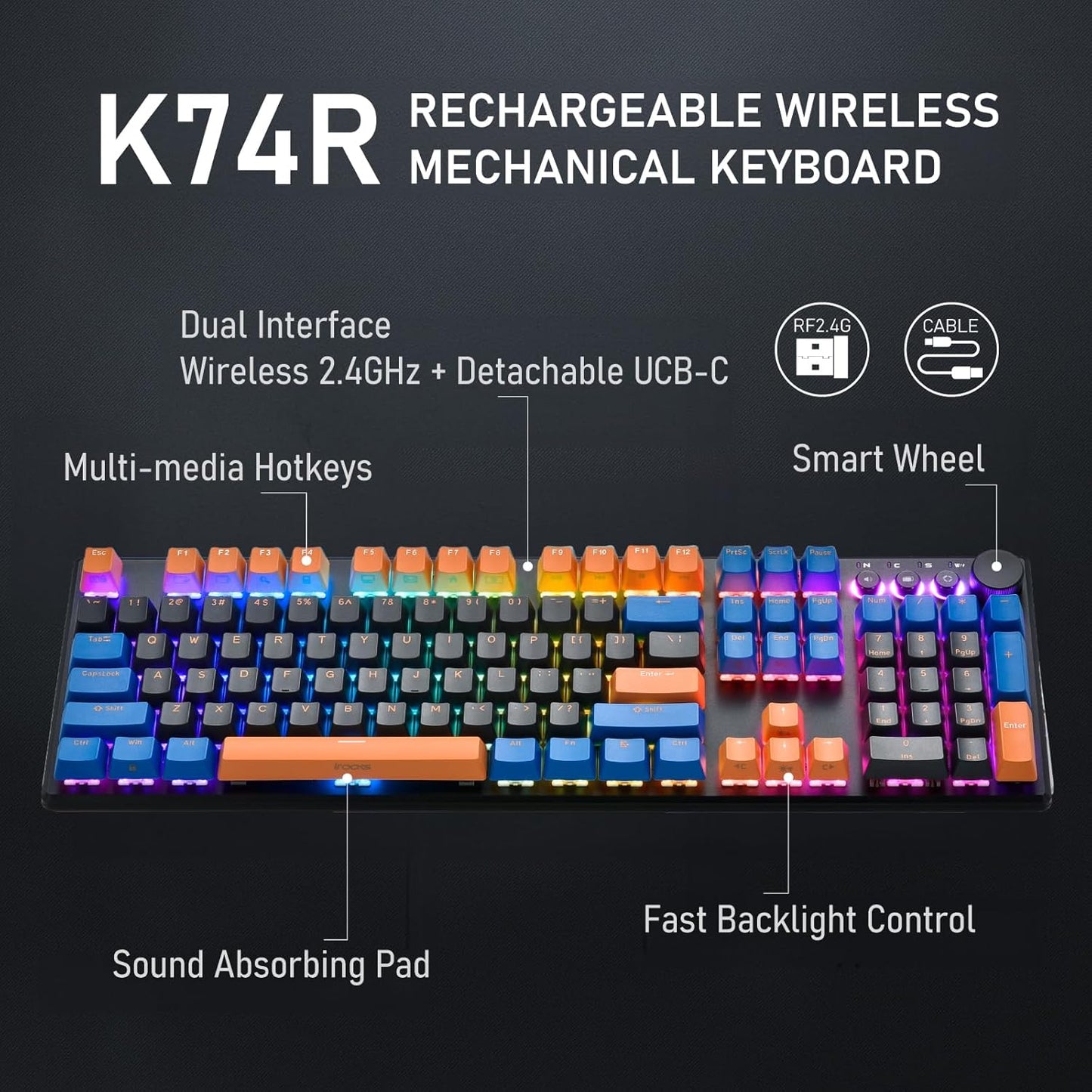 iRocks K74R Wireless RGB Illuminated Mechanical Gaming Keyboard, Hot-Swappable Switches, Floating Design, PBT 107 Keys NKRO, Detachable USB-C Cable - Midsummer Black (Brown Switches)
