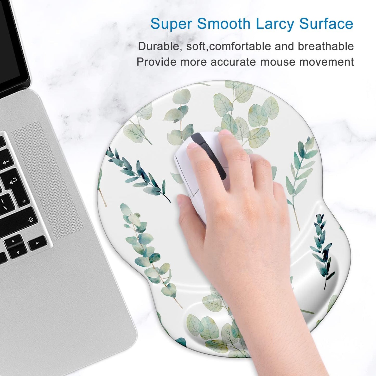 ITNRSIIET Ergonomic Mouse Pad with Gel Wrist Support Small Wrist Rest Smooth Surface Non-Slip PU Base Comfortable Office Supplies Pain Relief, 8.7 x 7.2 inches, Eucalyptus Branches