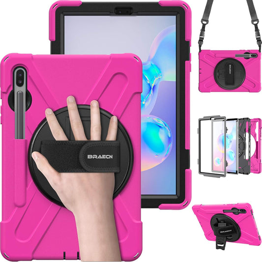 BRAECN for Galaxy Tab S6 10.5 2019 Case T860,Heavy Duty Shockproof Rugged Case with Hand Strap/360 Rotating Stand and Shoulder Strap for Samsung Tab S6 SM-T860/T865/T867 2019 (Rose Red)