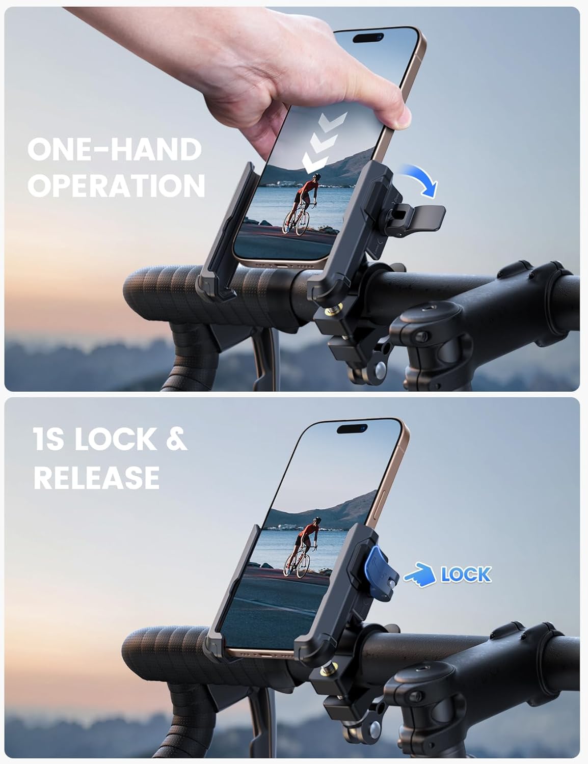 Lamicall Motorcycle Bike Phone Mount - [No Block Camera] [1s Lock] Bike Cell Phone Holder Clamp, Bicycle Scooter Handlebar Clip, for iPhone 16 15 14 Pro Max, Galaxy S25 S24 Ultra, 4.7-7" Phones