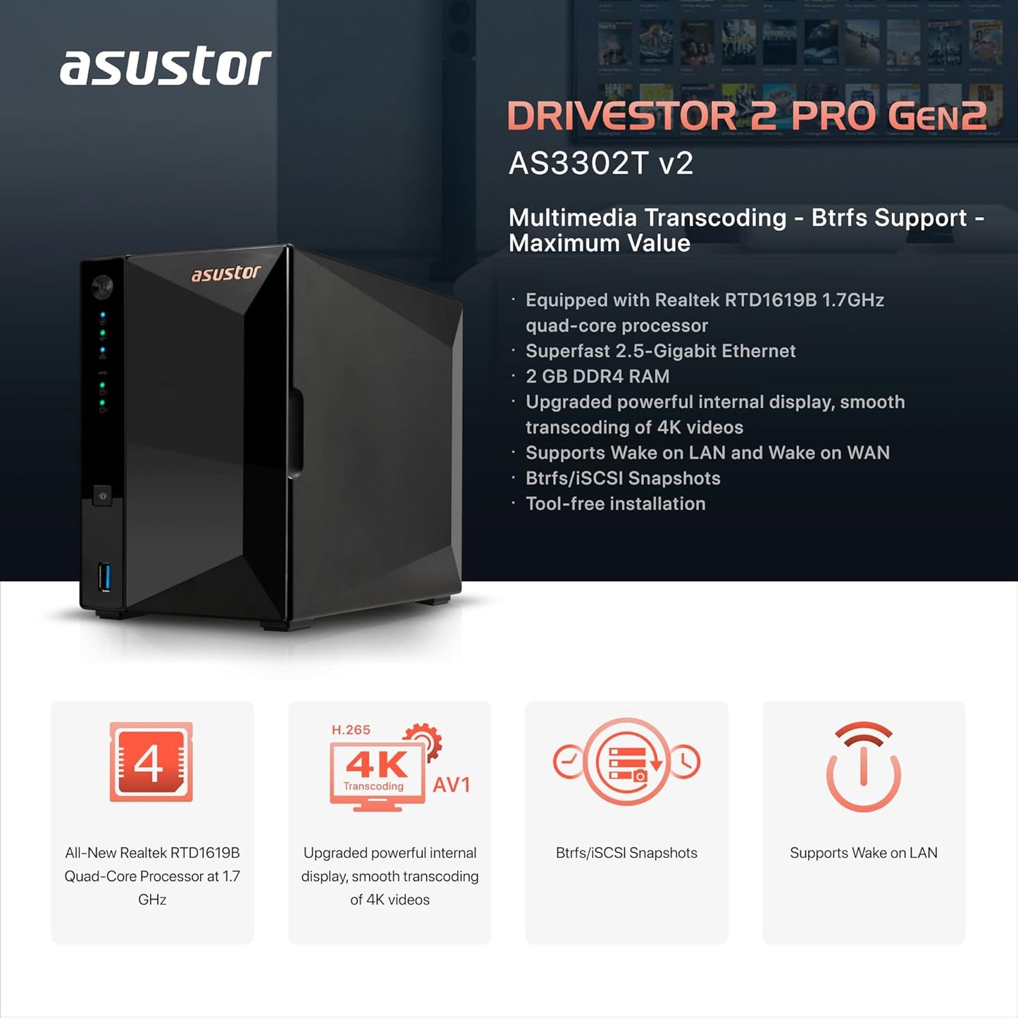 Asustor Drivestor 2 Pro Gen2 AS3302T v2, 2 Bay NAS, 1.7GHz Quad-Core, 2.5GbE Port, 2GB RAM DDR4, Small Home Media Server, Network Attached Storage Device (Diskless)
